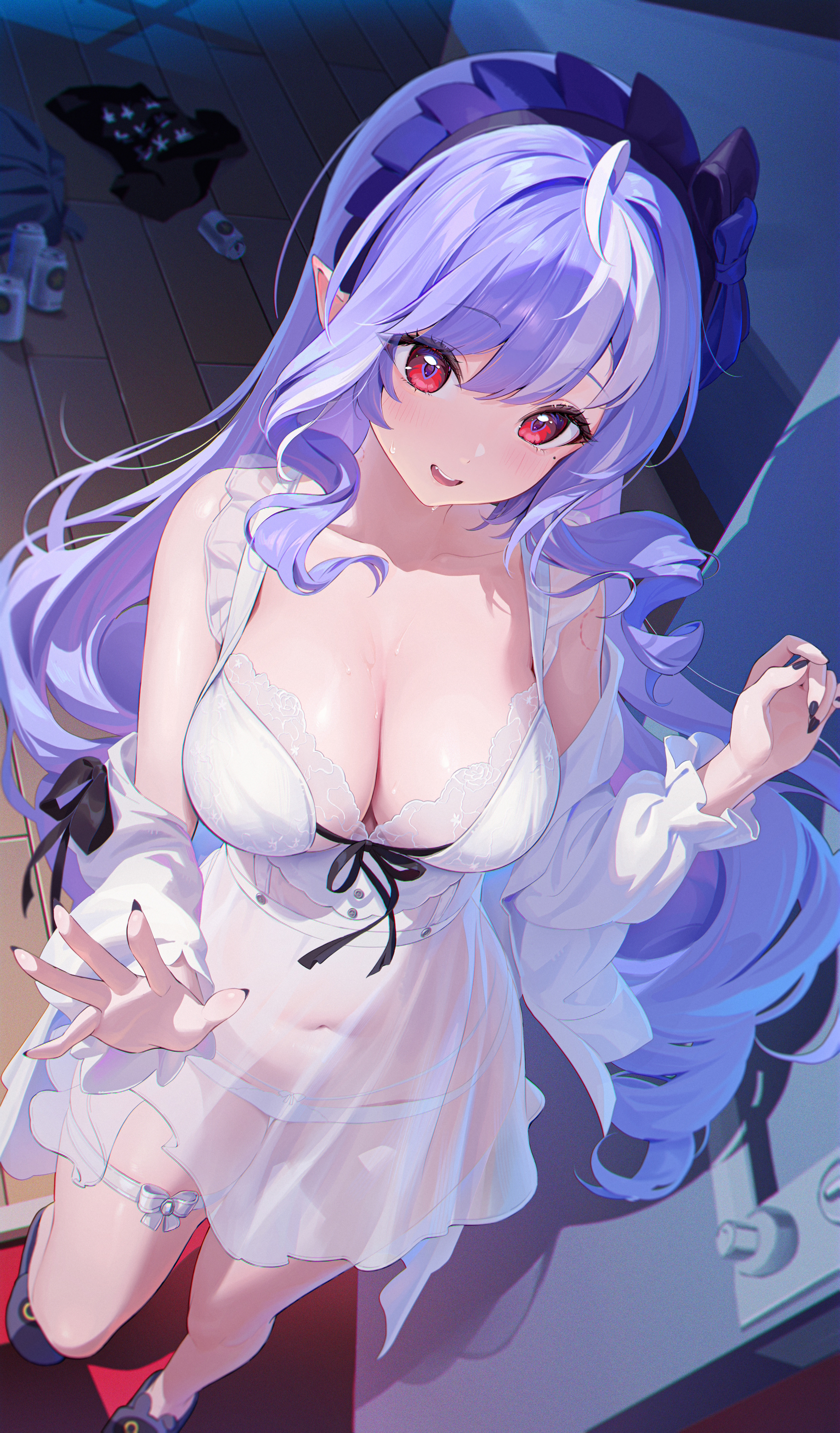 1girls, beer, beer can, bra, bra and panties, female, houk1se1, indoors, long hair, panties, purple hair, red eyes, see-through clothing, vivian (zenless zone zero), vivian banshee, zenless zone zero