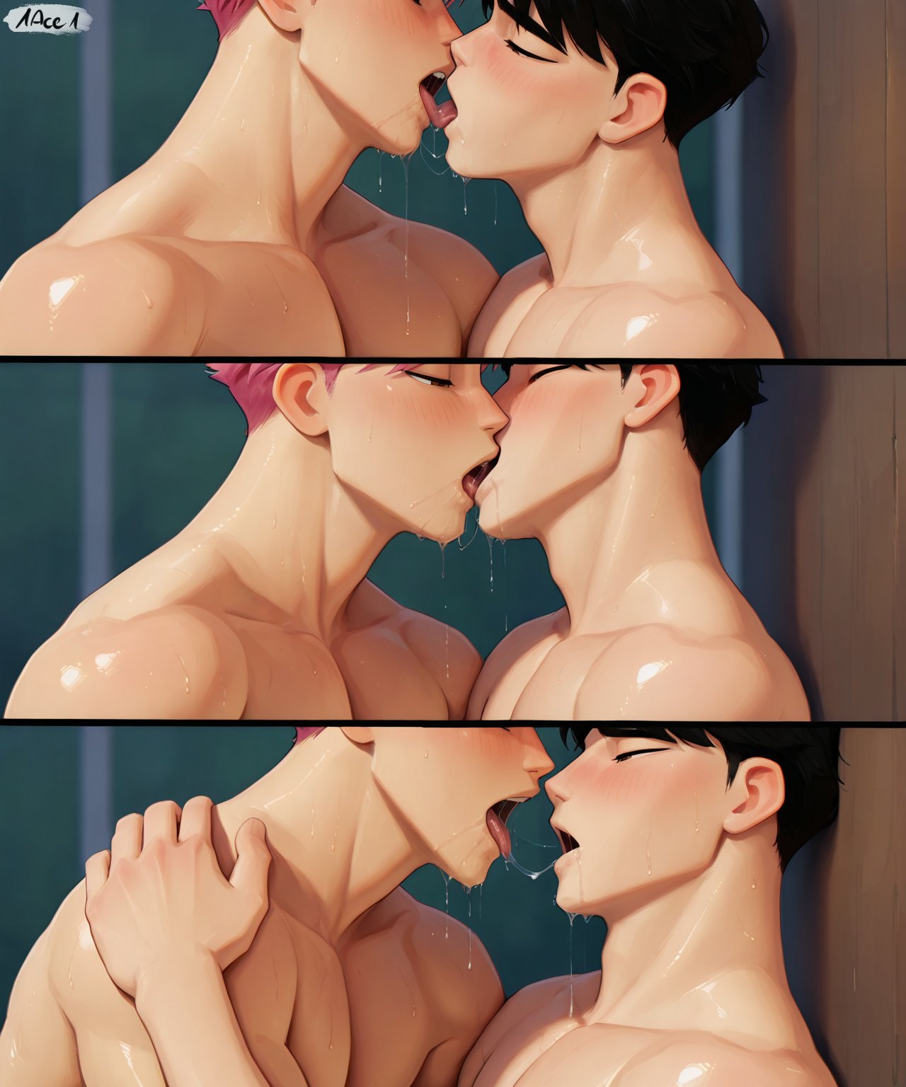 1ace1, 2boys, abby (kpop demon hunters), ai generated, duo, gay, jinu (kpop demon hunters), kissing, kpop demon hunters, looking at another, male, male only, male/male, nude, nude male, saja boys, saliva, saliva drip, saliva trail