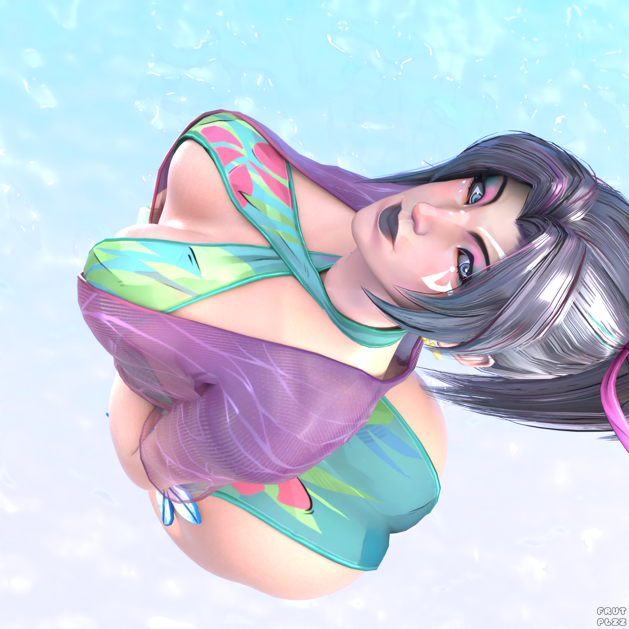1girls, 3d, bikini, breasts, cleavage, female, frutplzz, looking up, marvel, marvel rivals, pinup, psylocke, psylocke (marvel rivals), psylocke (sai) (breezy butterfly), solo, swimsuit, themadcommander
