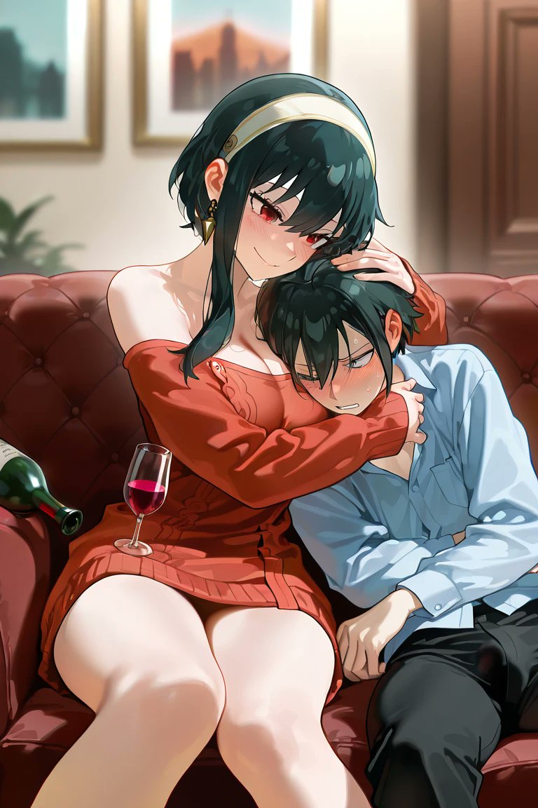 1boy, 1girls, 2025, age difference, ai generated, areolae, assassin, bed, big breasts, big penis, big sister, black hair, blood related, blush, breasts, brother, brother and sister, cheating, cheating wife, clothed, clothed female, clothed male, couch, drunk, duo, earrings, female, female focus, fully clothed, head against breast, huge breasts, huge cock, hugging, imminent incest, incest, indoors, large breasts, large penis, light skin, light-skinned female, male, male/female, nipples, older female, older sister, penis, penis bulge, red eyes, red sweater, sibling incest, siblings, sitting, smile, smiling, spy x family, straight, sweater, wine, wine bottle, wine glass, yor briar, yor forger, younger brother, younger male, yuri briar