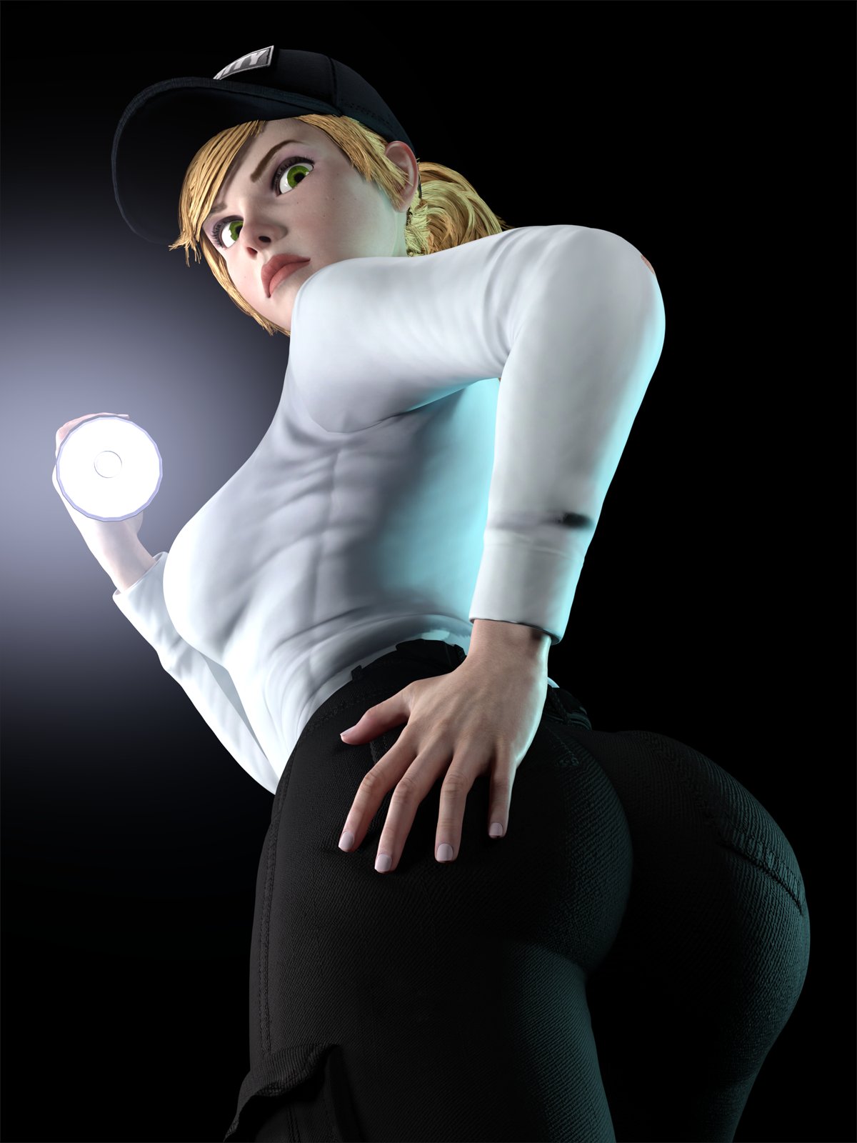 1girls, 3d, accurate art style, ass, ass focus, big ass, big breasts, big thighs, blonde hair, breasts, curvaceous, curvy, curvy figure, female, female only, five nights at freddy's, five nights at freddy's: security breach, green eyes, hat, hips, huge ass, huge thighs, large ass, large thighs, light skin, light-skinned female, looking back, looking down, mature, mature female, petite, ponytail, presenting ass, scottgames, security, security guard, slim, slim waist, solo, steel wool studios, thick, thick hips, thick legs, thick thighs, thighs, vanessa, vanessa (fnaf), viewed from below, voluptuous, waist, wide hips, wide thighs, word2