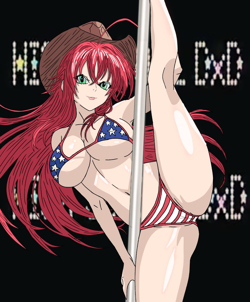 1girls, 2d, 2d (artwork), american flag bikini, ass, big breasts, bikini, bikini bottom, bikini top, breasts, female, female only, high school dxd, huge breasts, large breasts, light-skinned female, looking at viewer, pole, pole dancer, pole dancing, pussy, pussy visible through clothes, rias gremory, seductive, smile, solo, stripper pole, voluptuous