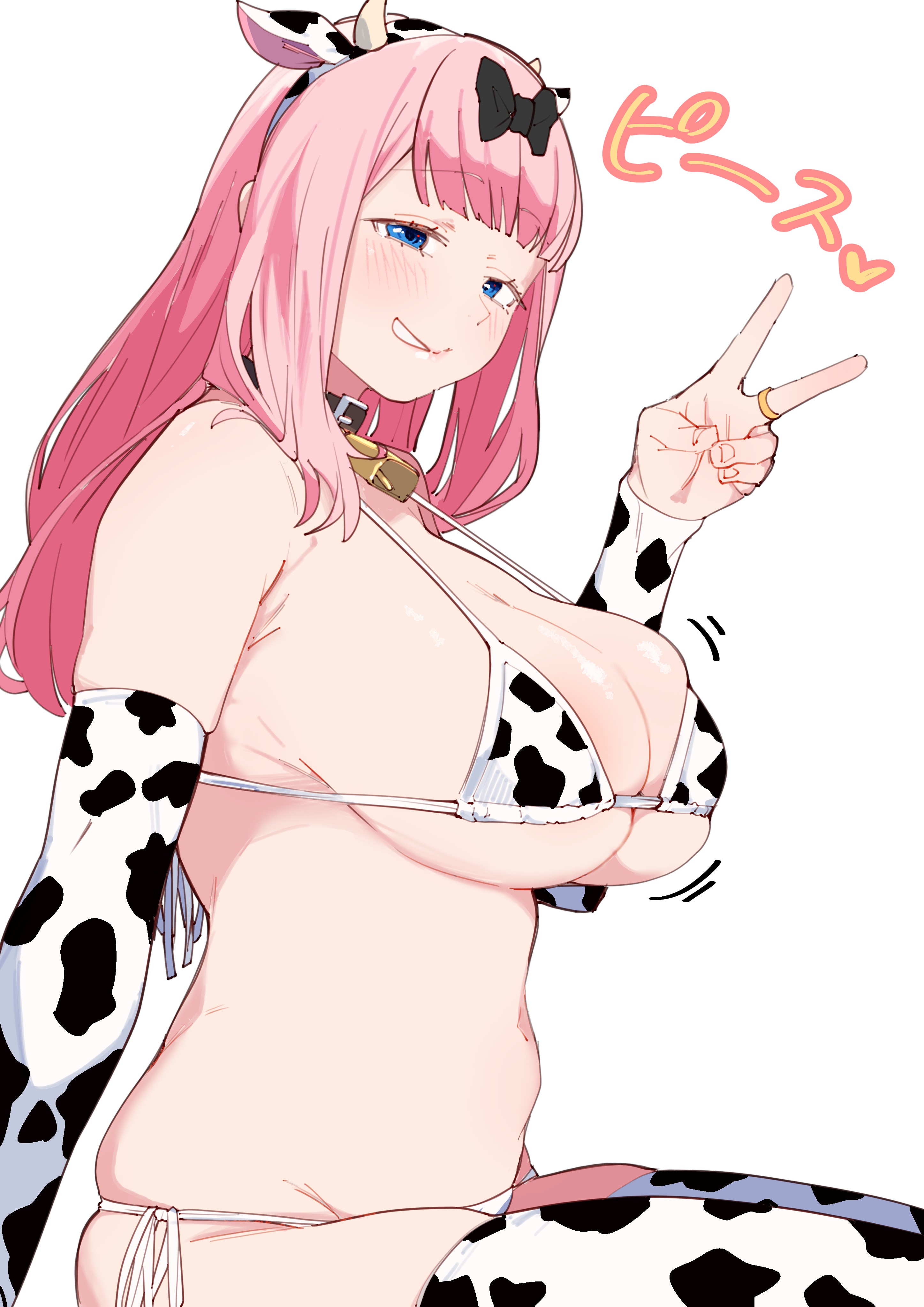 1girls, absurdres, animal ear hairband, animal ears, animal print, bare shoulders, bell, bikini, blue eyes, blush, breasts, commentary request, cow ear hairband, cow ears, cow horns, cow print, cow print bikini, cow print sleeves, cow print thighhighs, cowbell, fake animal ears, fake horns, female, female only, from side, fujiwara chika, hand up, highres, horns, kaguya-sama wa kokurasetai ~tensai-tachi no renai zunousen~, large breasts, long hair, looking at viewer, navel, neck bell, pink hair, print bikini, print thighhighs, side-tie bikini bottom, simple background, sitting, skindentation, smile, solo, swimsuit, thighhighs, v, white background, white horns