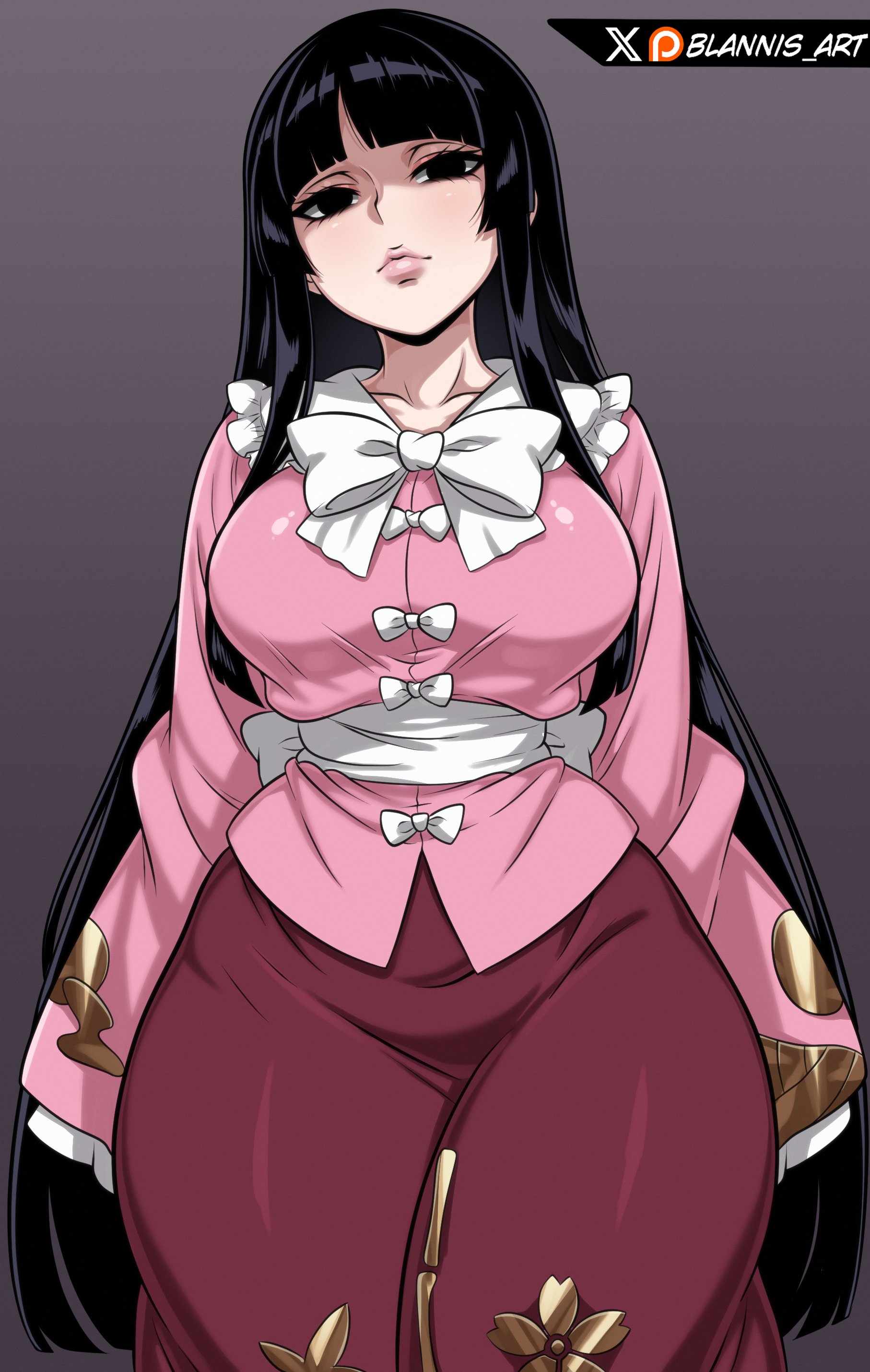 black eyes, black hair, blannis art, bow, breasts, female, gold accessory, hourglass figure, hourglass figured female, huge breasts, imperishable night, kaguya houraisan, large breasts, long hair, long sleeves, long-haired female, looking at viewer, pink dress, red skirt, thick lips, thick thighs, tight clothing, touhou