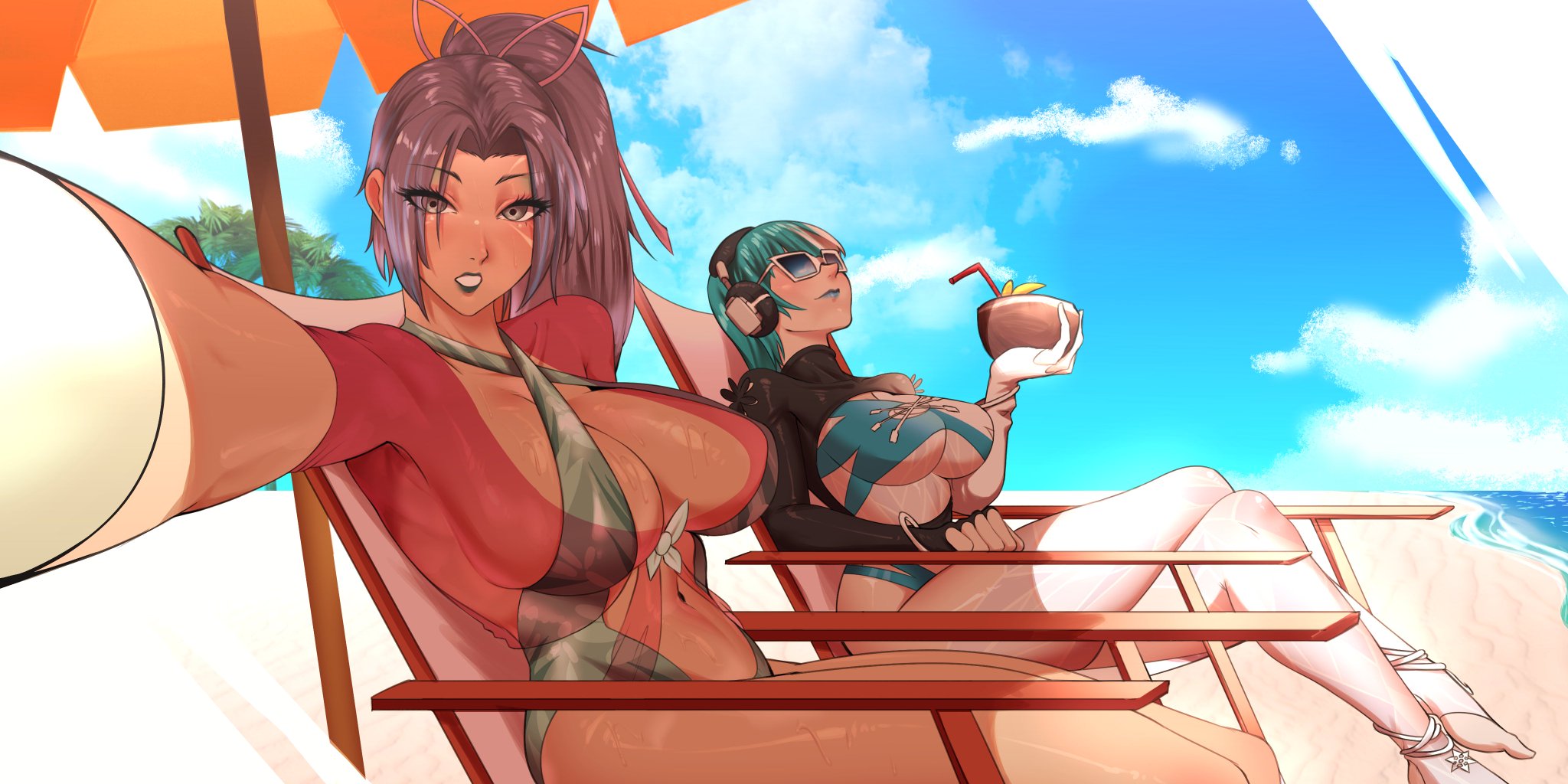 2girls, bare legs, bare thighs, beach, big breasts, black hair, breasts, cleavage, clothed, clothing, color, female, female focus, female only, hi res, large breasts, light skin, light-skinned female, lipstick, long hair, luna snow, luna snow (cool summer), luna snow (marvel rivals), makeup, marvel, marvel rivals, once (artist), one-piece swimsuit, outdoors, psylocke, psylocke (marvel rivals), psylocke (sai) (breezy butterfly), purple hair, revealing clothes, sand, seaside, selfie, sunglasses, swimsuit, swimwear, tagme, thick thighs, water