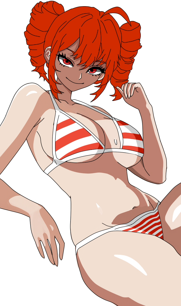 1girls, 2d, 2d (artwork), ahoge, belly, big breasts, big thighs, bikini, breasts, carpantino912, female, female only, hourglass figure, kasane teto, large breasts, large thighs, navel, red eyes, red hair, seductive, seductive look, shiny skin, simple background, slim female, slim waist, solo, solo female, striped bikini, sweat, sweating, thick thighs, thighs, twin drills, utau, white background, wide hips