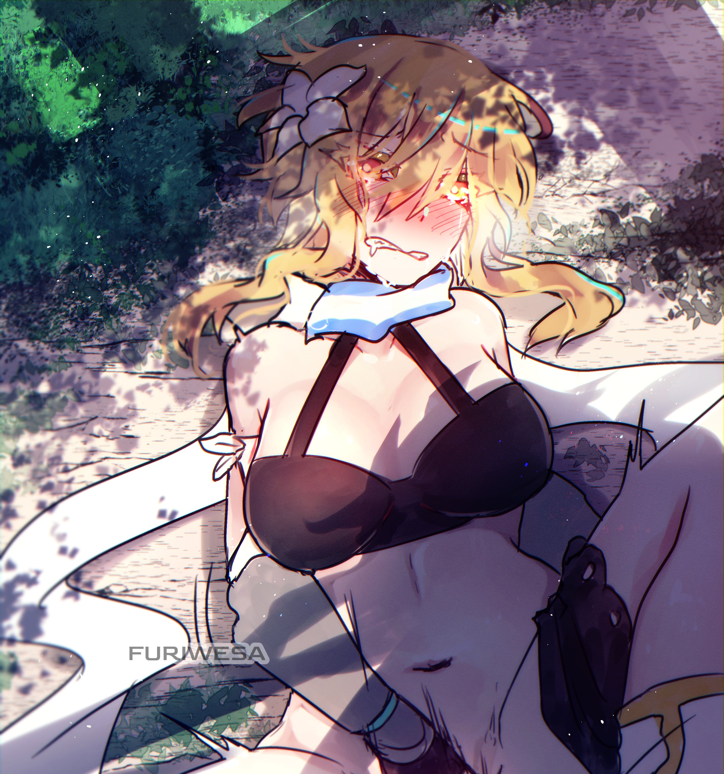 1girls, black bra, blonde hair, blush, childe (genshin impact), female, female focus, flushed, flushed face, flustered, furiwesa, genshin impact, lumine (genshin impact), male, male pov, male/female, messy hair, pov, shadow, straight, tartaglia (genshin impact), underwear