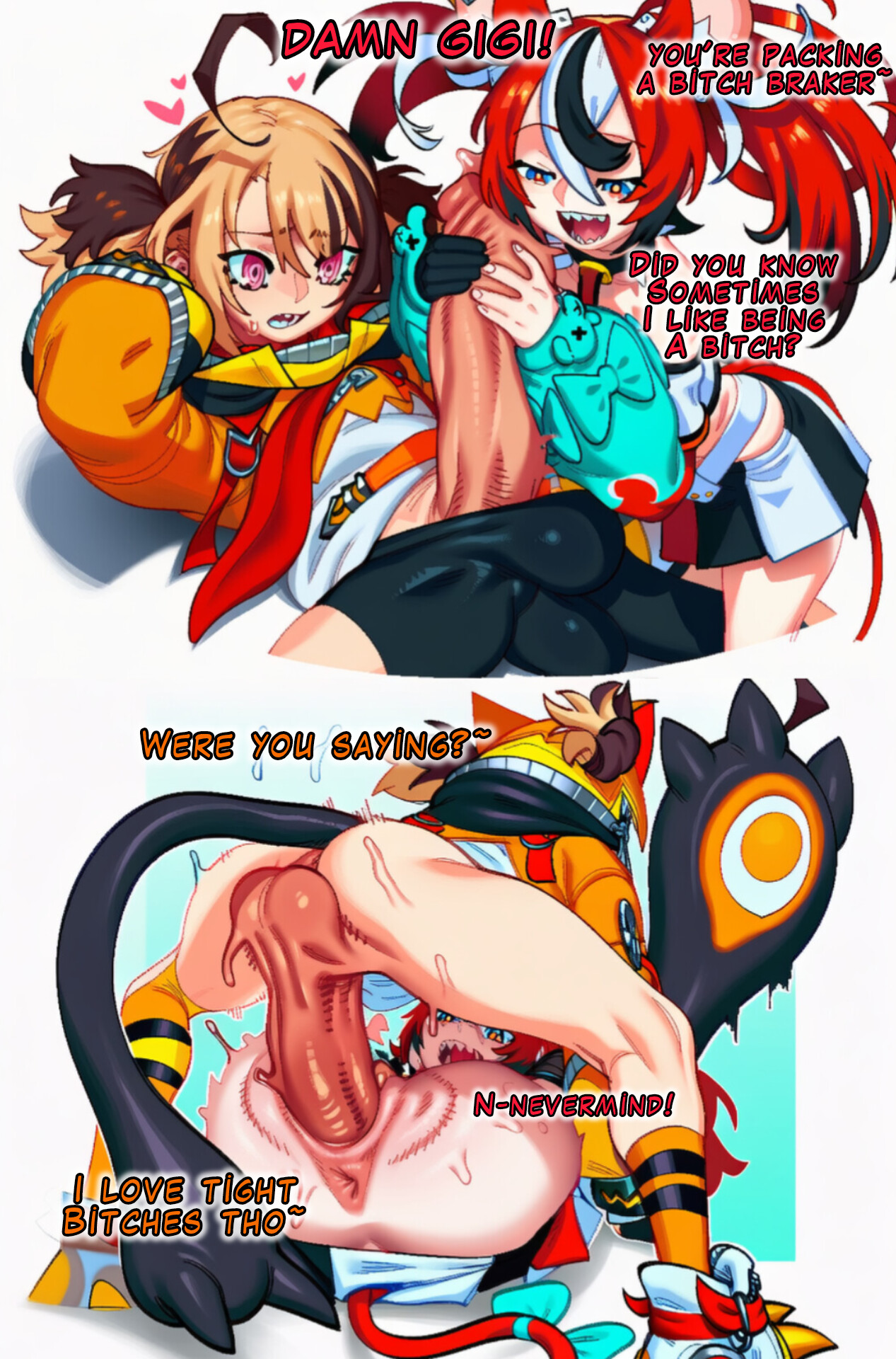 1futa, 1girls, ai assisted, ai generated, bitch, dialogue, futa on female, gigi murin, hakos baelz, hololive, hololive english, mating press, mostly clothed, sex, sex from behind, small but hung, small dom big sub, vaginal sex, virtual youtuber, vtuber