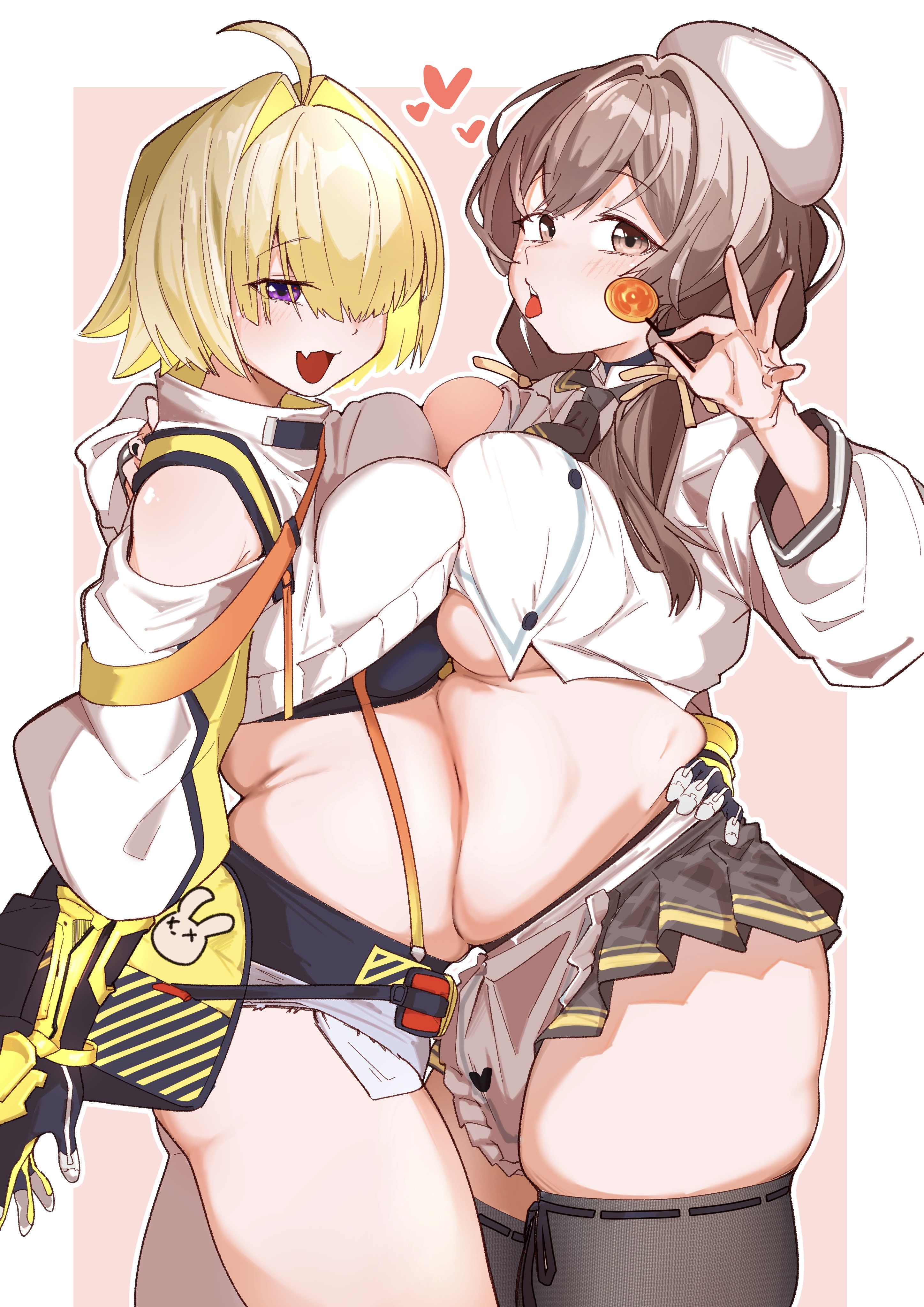 2girls, absurdres, apron, belly-to-belly, black gloves, black thighhighs, blonde hair, border, bready (nikke), breasts, brown eyes, brown hair, brown skirt, candy, clothing cutout, crop top, cropped sweater, elegg (nikke), female, female only, food, gloves, hair intakes, heart, highres, holding, holding candy, holding food, holding lollipop, large breasts, lollipop, long hair, long sleeves, looking at viewer, matching hair/eyes, midriff, miniskirt, multicolored hair, multiple females, multiple girls, pink background, pleated skirt, plump, purple eyes, shirt, short hair, shoulder cutout, simple background, skindentation, skirt, standing, suspenders, sweater, thick thighs, thighhighs, thighs, two-tone hair, underboob, white border, white hair, white shirt