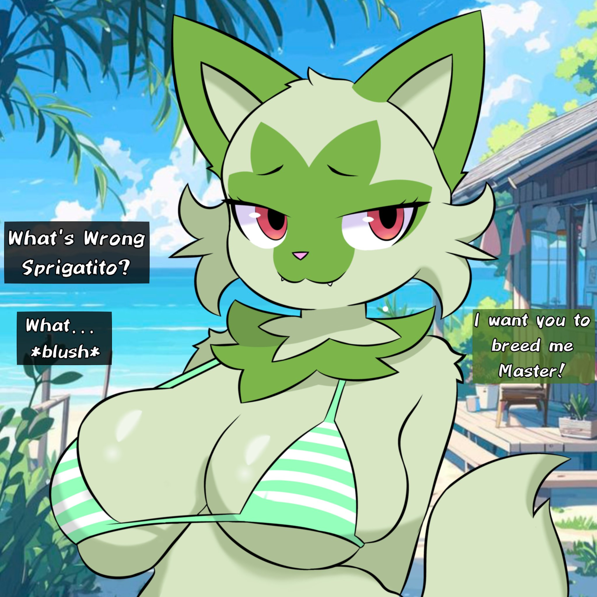 1:1, 2025, anthro, anthro pokemon, anthrofied, beach, big breasts, bikini, breasts, breeding request, cleavage, clothed, clothing, dialogue, digital media (artwork), english text, evaacii, fangs, felid, feline, female, fur, generation 9 pokemon, green body, green fur, hi res, impregnation request, looking at viewer, mammal, nintendo, pokemon, pokemon (species), pokemorph, red eyes, smile, solo, sprigatito, swimwear, tail, teeth, text, two-piece swimsuit