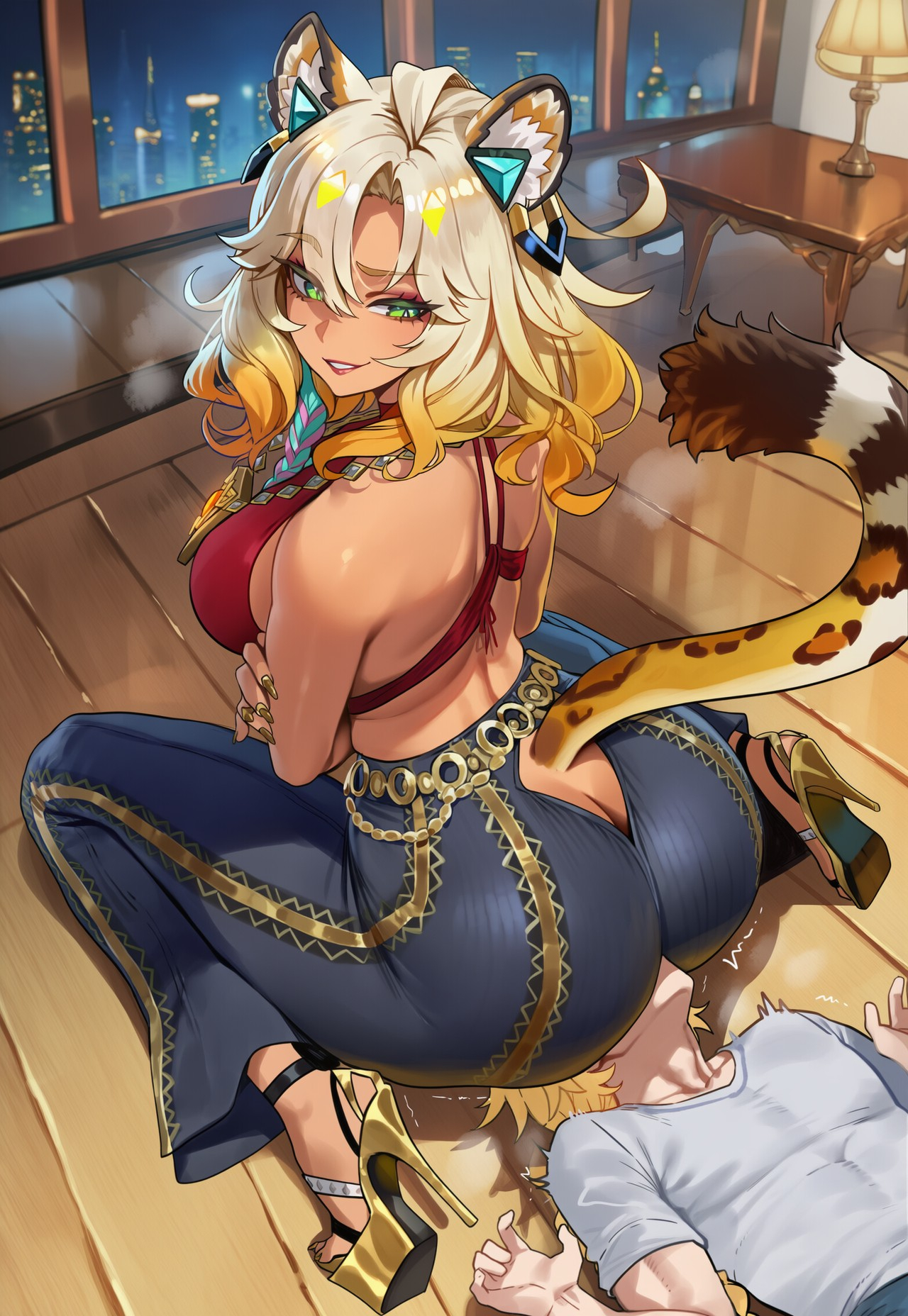 1boy, 1girls, absurd res, aether (genshin impact), ai generated, animal ears, ass on face, ass worship, bell bottoms (pants), cheetah ears, cheetah girl, crossed arms, dark-skinned female, facesitting, female, flare pants, forbidden pants, genshin impact, high heels, huge ass, legs apart, liu (artist), looking at another, looking back, male, ocelot ears, ocelot girl, ocelot tail, on floor, scared, sitting, sitting on person, smirk, smug, tail, tight clothes, voluptuous, voluptuous female, wariza, xilonen (genshin impact)