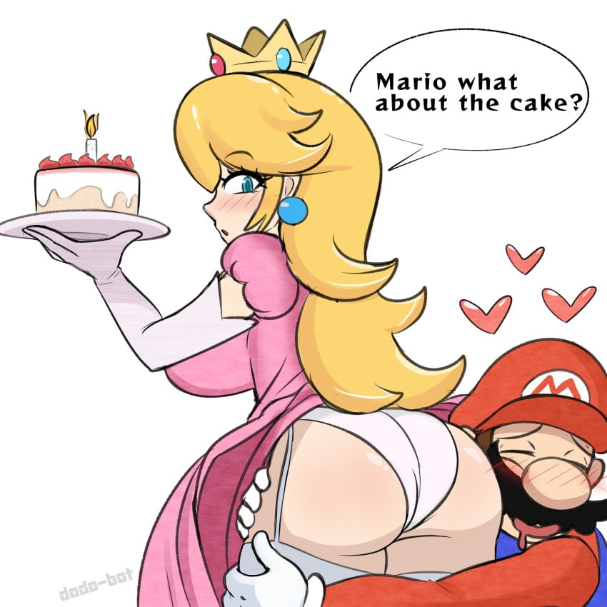 1boy, 1girls, artist name, ass, blonde hair, blue eyes, blush, breasts, cake, closed eyes, crown, dodo-bot, dress, earrings, english text, female, gloves, heart, hugging, hugging ass, long hair, male, mario, mario (series), nintendo, panties, pink dress, princess peach, simple background, speech bubble, thighhighs, underwear, white background, white gloves, white panties, white thighhighs, white underwear