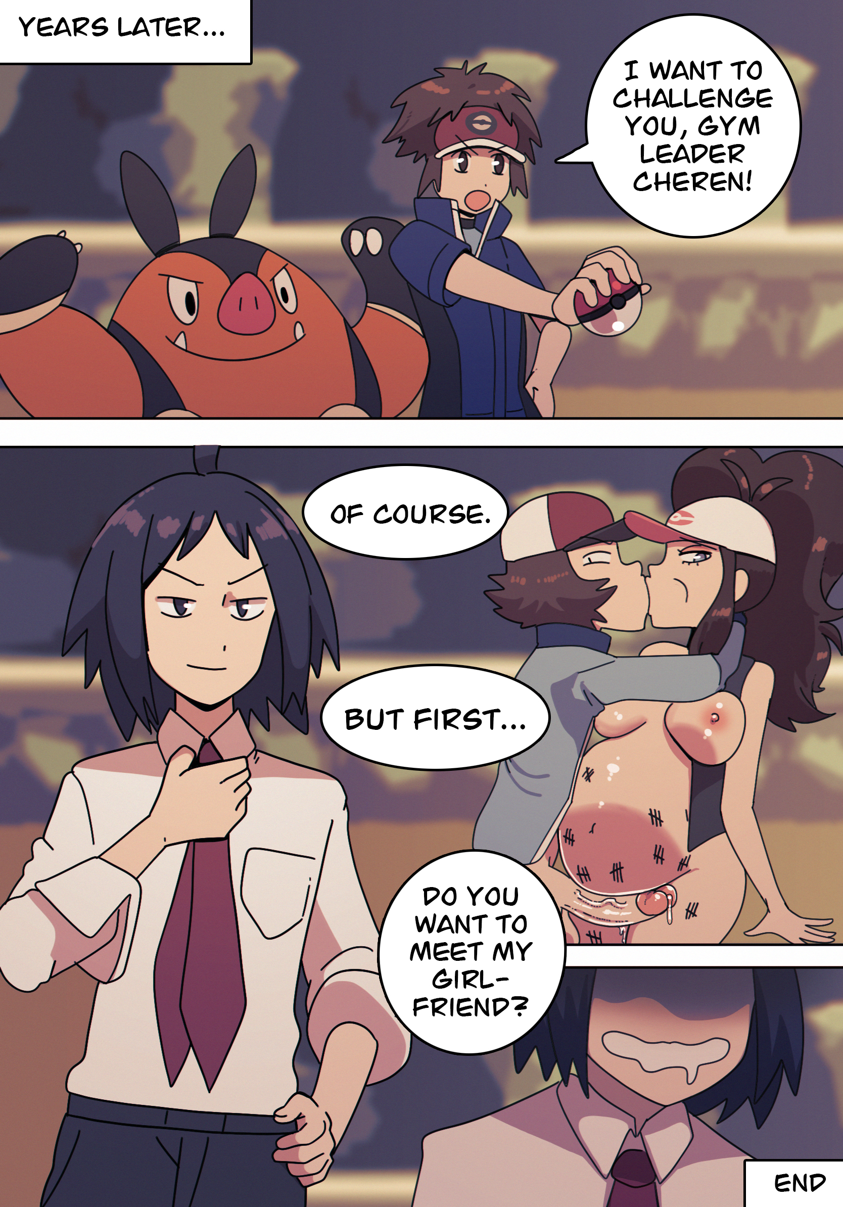 1girls, 3boys, areolae, breasts, brown hair, cap, cheren (pokemon), comic, cuckold, dark blue hair, dialogue, drool, english text, female, generation 5 pokemon, grin, hasselnut, hi res, hilbert (pokemon), hilda (pokemon), kissing, last page, long hair, male, nate (pokemon), nintendo, nipples, penis, pignite, pokemon, pokemon (species), pokemon bw, pokemon bw2, pregnant, pregnant female, smile, speech bubble, wolfgang bang, writing on belly, writing on body