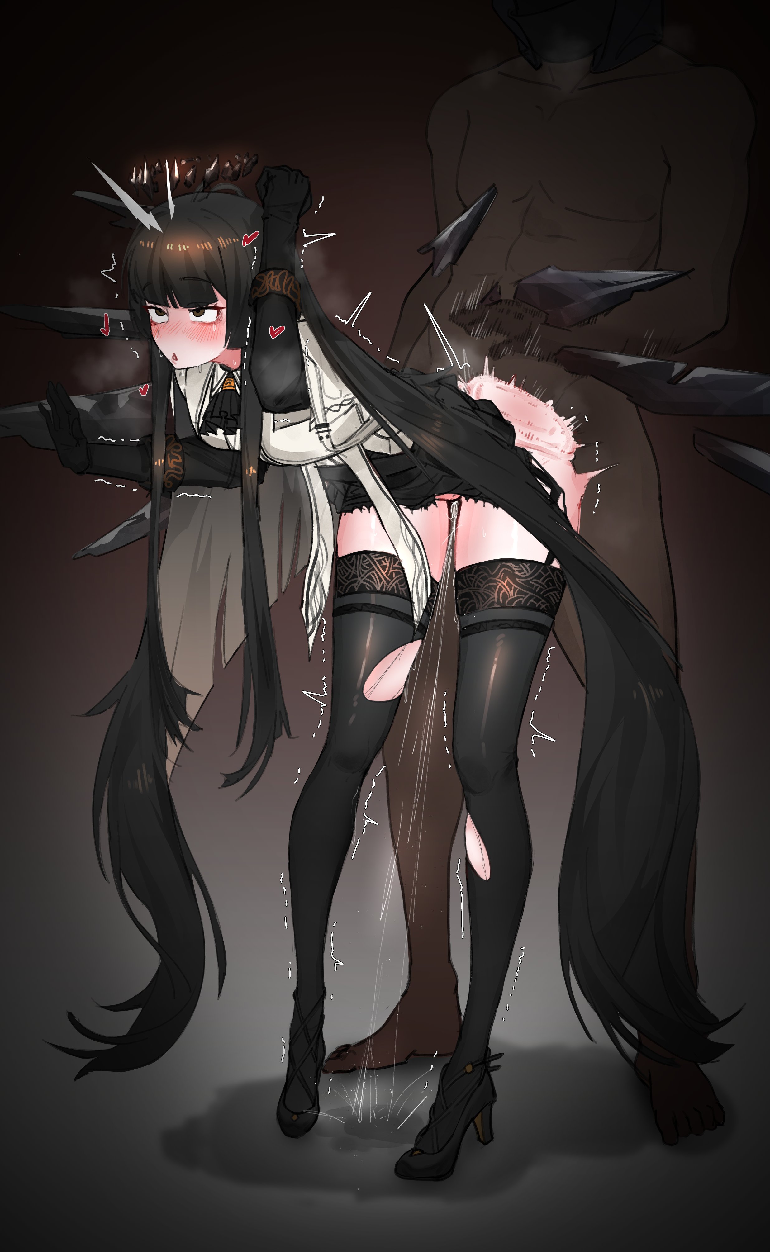 arknights, black hair, faceless male, female, leaking pussy, male, no panties, pussy, sex, shangdong233, thighhighs, thighs, unseen male face, very long hair, virtuosa (arknights)