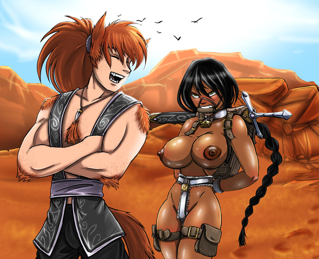 1boy 1female 1girls 1male 2d angry arms_shackled arms_tied_behind_back backpack bit_gag black_hair bondage canine_teeth chastity_belt cliffs collar dark-skinned_female female female_chastity femsub gag gagged hairy_arms hairy_chest light-skinned_male long_hair lunargue male maledom padlock padlocked_collar red_hair rocks tail topless topless_female wrists_shackled
