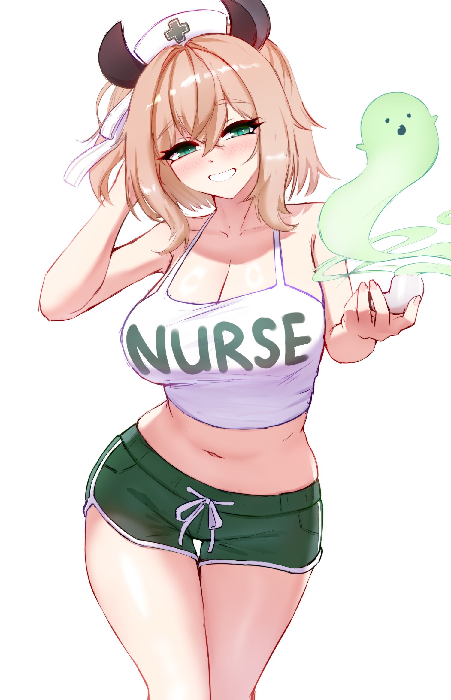 1girls, 2d, blonde hair, breasts, cgator, cleavage, english text, female, fully clothed, green eyes, indie virtual youtuber, light skin, looking at viewer, naplings (nimi nightmare), nimi nightmare, nurse, solo, solo female, text, virtual youtuber, vtuber