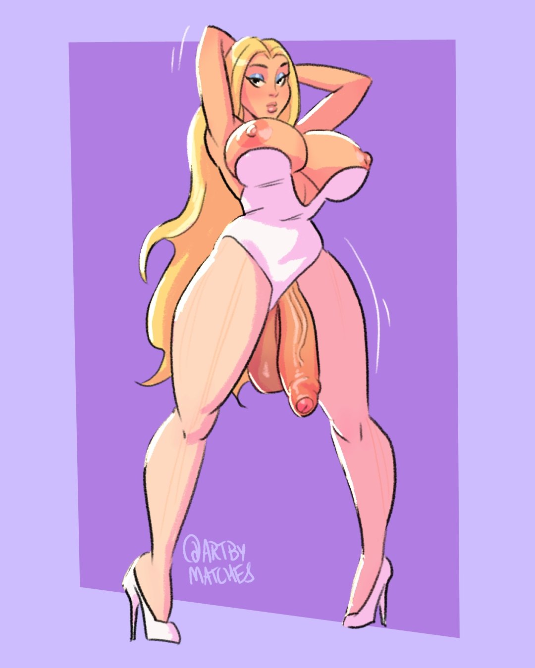 1futa, 2d, areola slip, areolae, artbymatches, artist signature, balls, bimbo, blonde futa, blonde hair, breasts, foreskin, futanari, huge balls, intersex, large breasts, light skin, light-skinned futa, original character, penis, sagging balls, saggy balls, uncircumcised, uncut