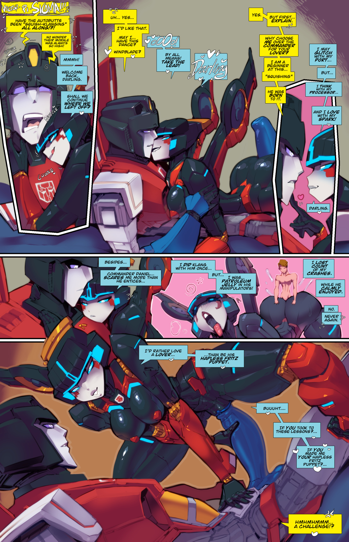 2boys, 2girls, ass, autobot, balls, bare arms, bare legs, bare shoulders, bare thighs, big ass, big breasts, big butt, big penis, blue penis, blush, breasts, chromia, color, comic, daniel witwicky, english text, female, fred perry, hand on penis, hi res, imminent sex, large breasts, looking pleasured, male, male penetrating, male/female, muscles, muscular, muscular male, page 5, penetration, penile penetration, penis, penis in pussy, pleasure face, pussy, pussy juice, robot, robot boy, robot girl, robot humanoid, sex, starscream, tagme, text, text bubble, thick thighs, transformers, vaginal penetration, windblade
