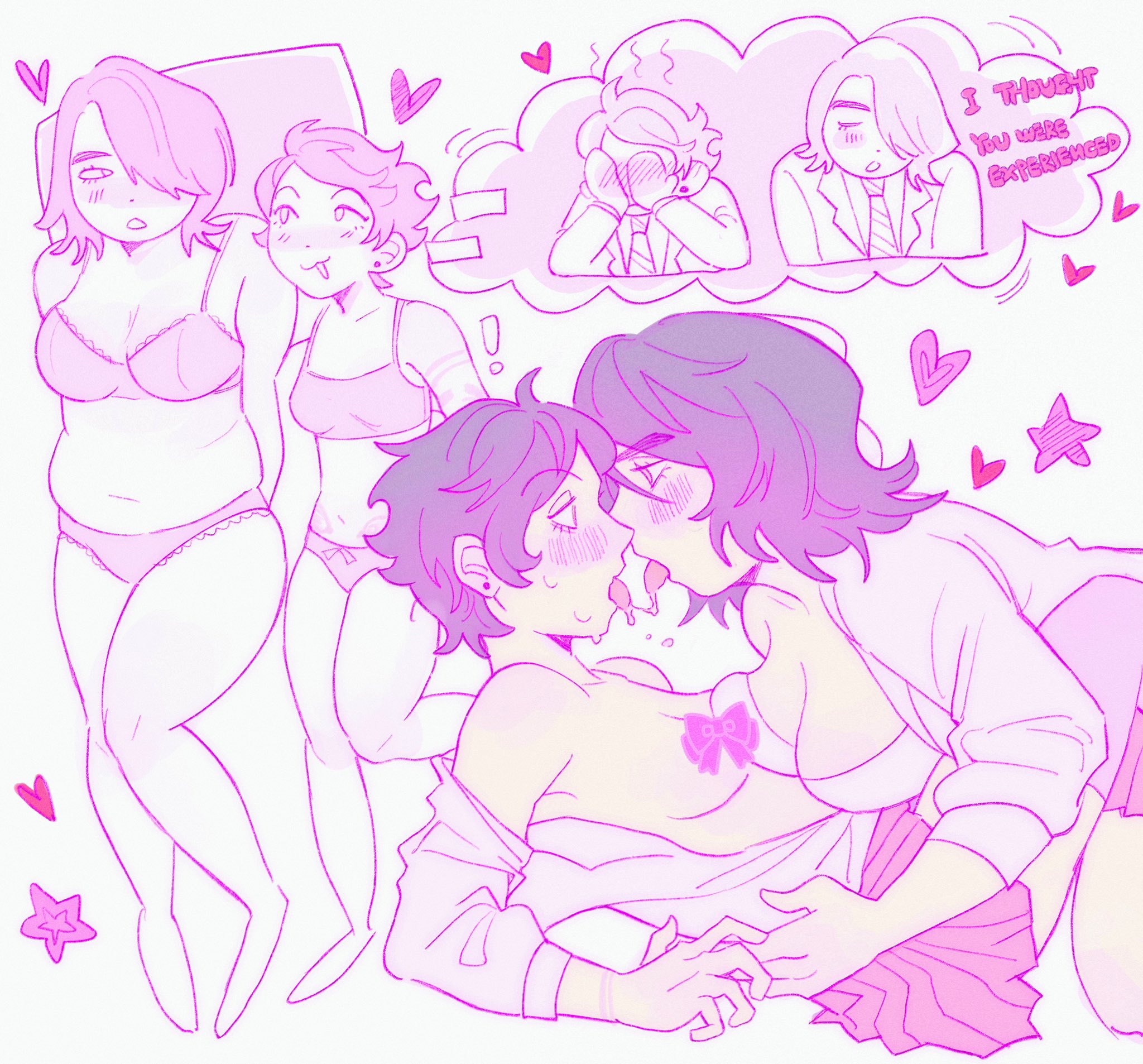 !, 2girls, 814aimee, bangs over one eye, dialogue, female, frank iero, gerard way, heart symbol, imminent sex, kissing, lingerie, my chemical romance, rule 63, star (symbol), yuri