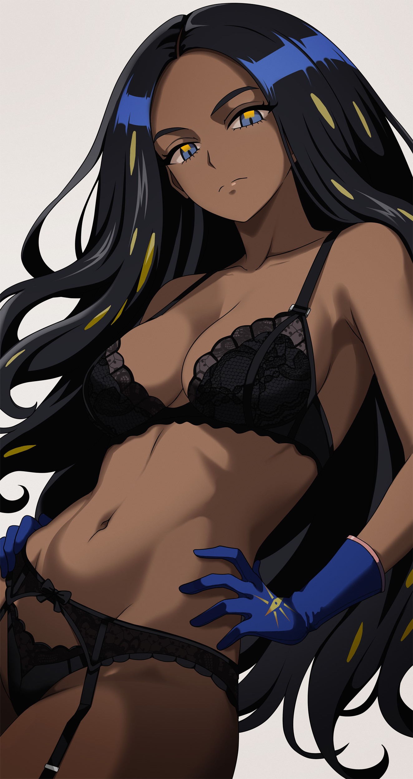 absurdres, black hair, blue eyes, breasts, cleavage, closed mouth, female, frown, game freak, geeta (pokemon), hands on hips, lingerie, medium breasts, navel, nintendo, omodaka (pokemon), pokemon, pokemon sv, simple background, solo, stomach, thighs, vivivoovoo