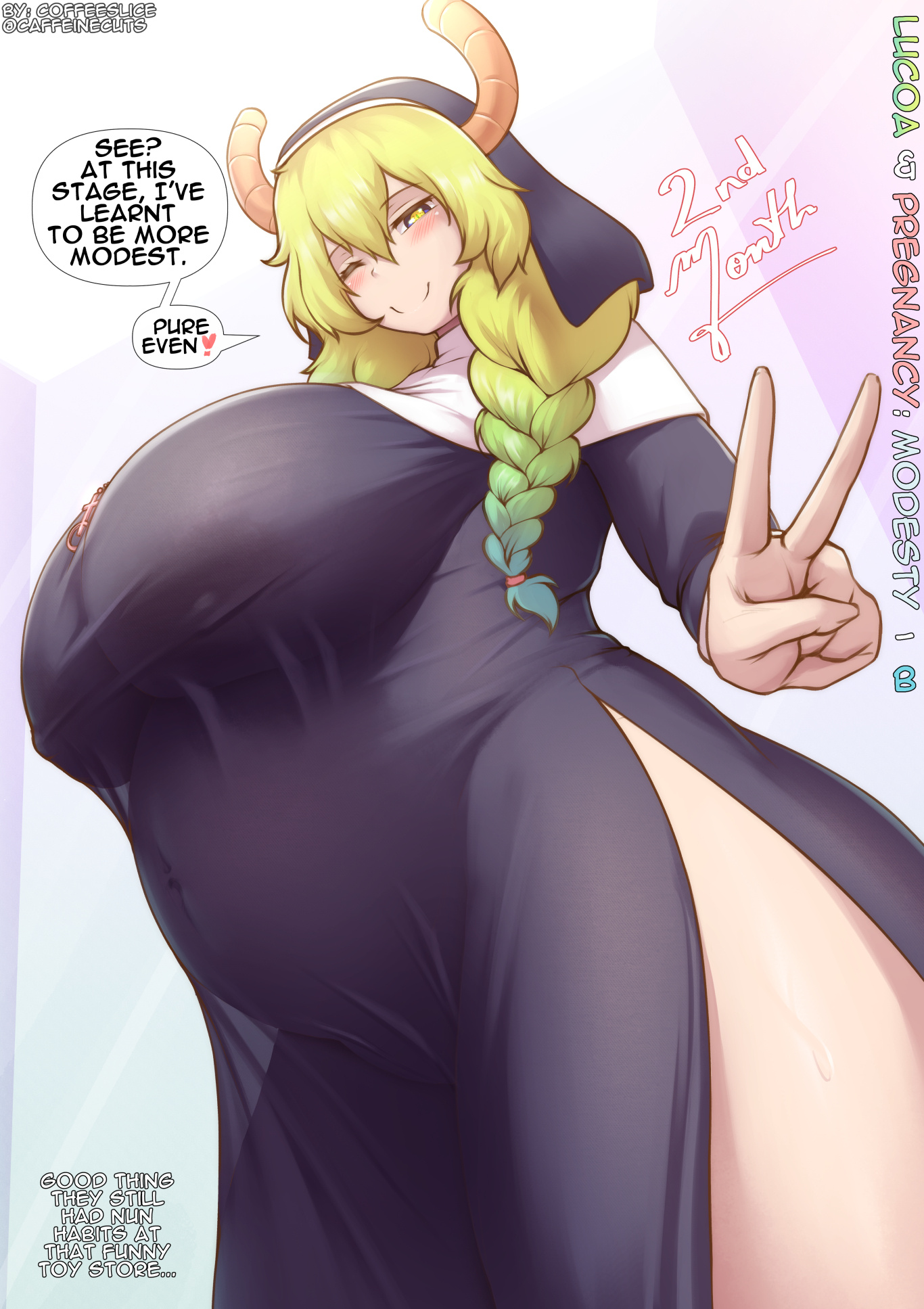 1girls, braid, breasts, coffeeslice, curvy, curvy female, english text, female, gigantic breasts, huge breasts, kobayashi-san chi no maidragon, lucoa, miss kobayashi's dragon maid, multicolored hair, nun outfit, nun's habit, peace sign, plump, pregnancy progression, pregnant, pregnant belly, pregnant female, quetzalcoatl (dragon maid), solo, speech bubble, two-tone hair, winking at viewer