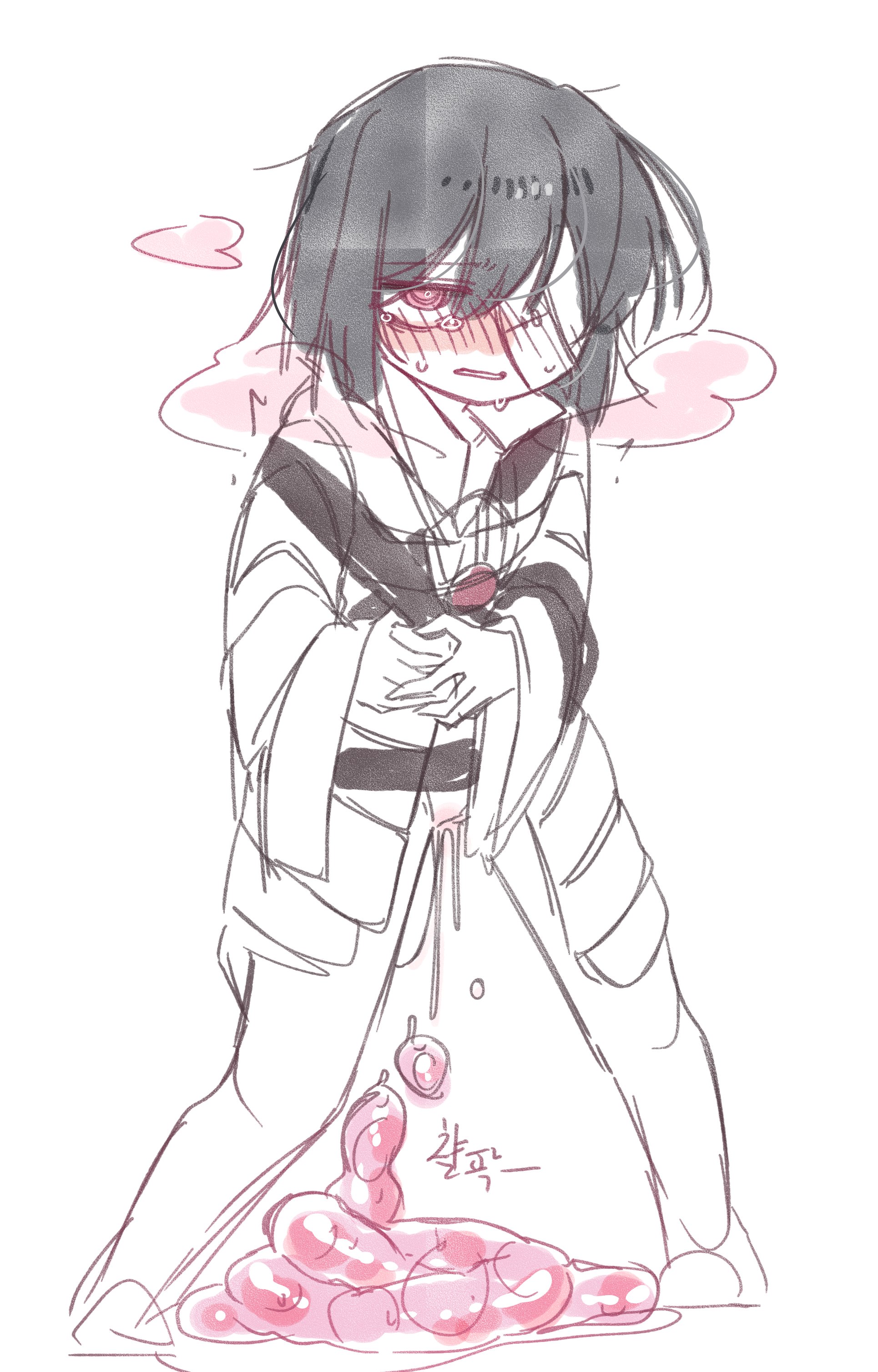 1girls, anal jelly, black hair, blush, enema, female, hand on belly, limbus company, nunnan 0011, pink smoke, project moon, pseudo scat, red eyes, ryoshu (limbus company), short hair, tagme