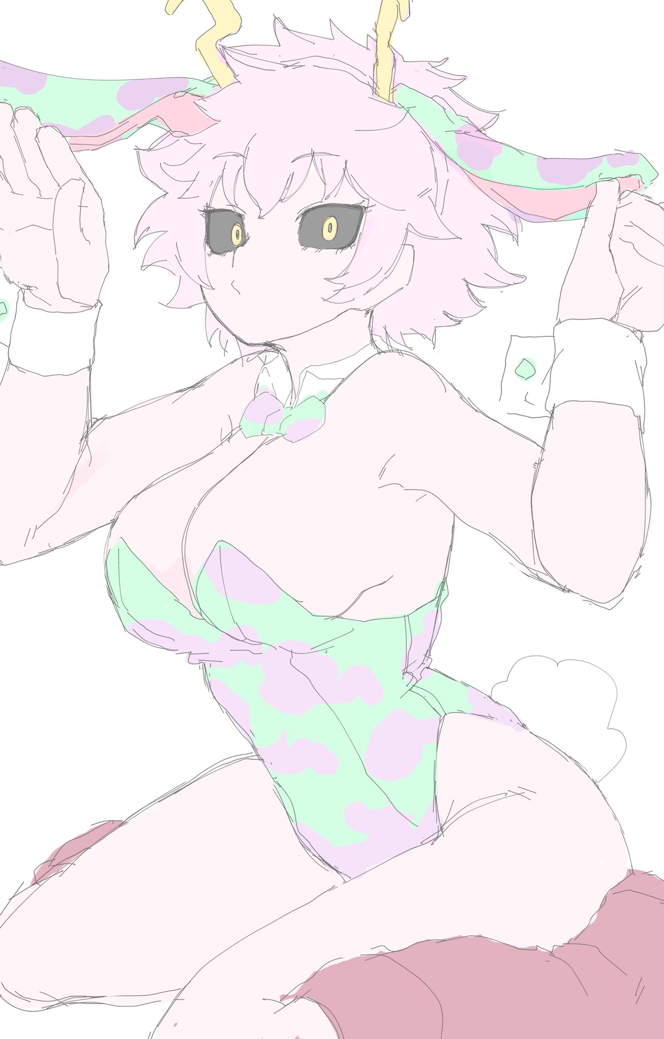 bowtie, breasts, bunny ears, bunny girl, bunny tail, bunnysuit, female, large breasts, lingerie, looking at viewer, mina ashido, mocaht8, mocamocaink, my hero academia, pink body, pink hair, short hair, teenager, thick thighs, thighs