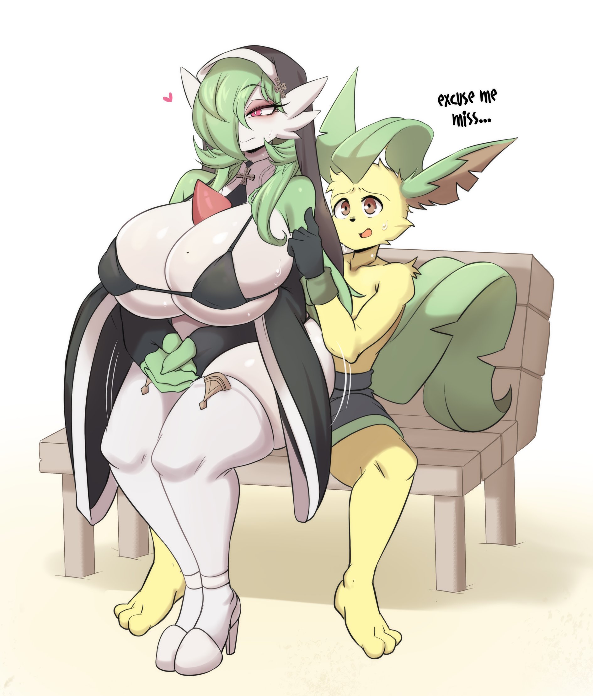 1boy, 1girls, anthro, big breasts, bikini top, breast squish, breasts, cleavage, dialogue, eeveelution, english text, female, furry, gardevoir, generation 3 pokemon, generation 4 pokemon, green hair, hair over one eye, heels, hi res, huge breasts, kaito (inarifox), leafeon, long hair, lucyfercomic, male, nintendo, nun, nun gardevoir (cervina7), nun outfit, pokemon, pokemon (species), red eyes, sitting, sitting on lap, spongebob reference, text, thick thighs, thighhighs, white background, white thighhighs, wide hips