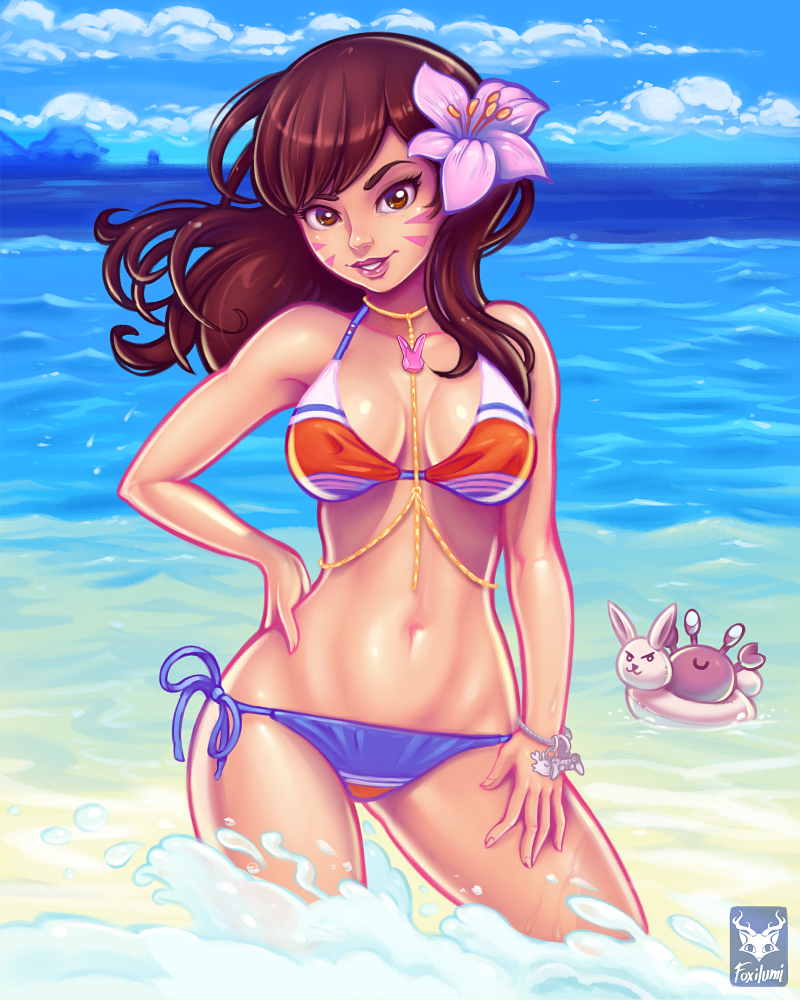 beach bikini body_chain d.va female foxilumi jewelry overwatch smile solo water