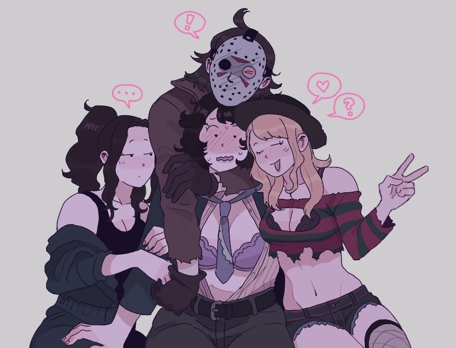 3girls1boy a_nightmare_on_elm_street bishoujo_terror blush bra breasts brown_hair cleavage clothed fedora female female_only freddy_krueger friday_the_13th halloween_(series) hat jason_voorhees jean_shorts jumpsuit leatherface male michael_myers michael_myers_(bishoujo_terror) midriff multiple_girls ponytail short_shorts shorts tank_top texas_chainsaw_massacre thighhighs thighs torn_clothes yuri