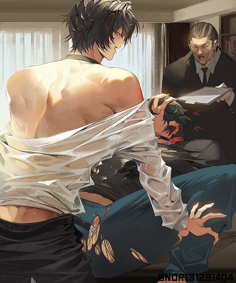 3boys, asaba harumasa, choker, collar, gay, gay sex, hand on head, lighter (zenless zone zero), male, male only, mostly clothed, nori31291404, open mouth, open mouth gag, open shirt, ripped clothing, small dom big sub, spread legs, tagme, yaoi, zenless zone zero
