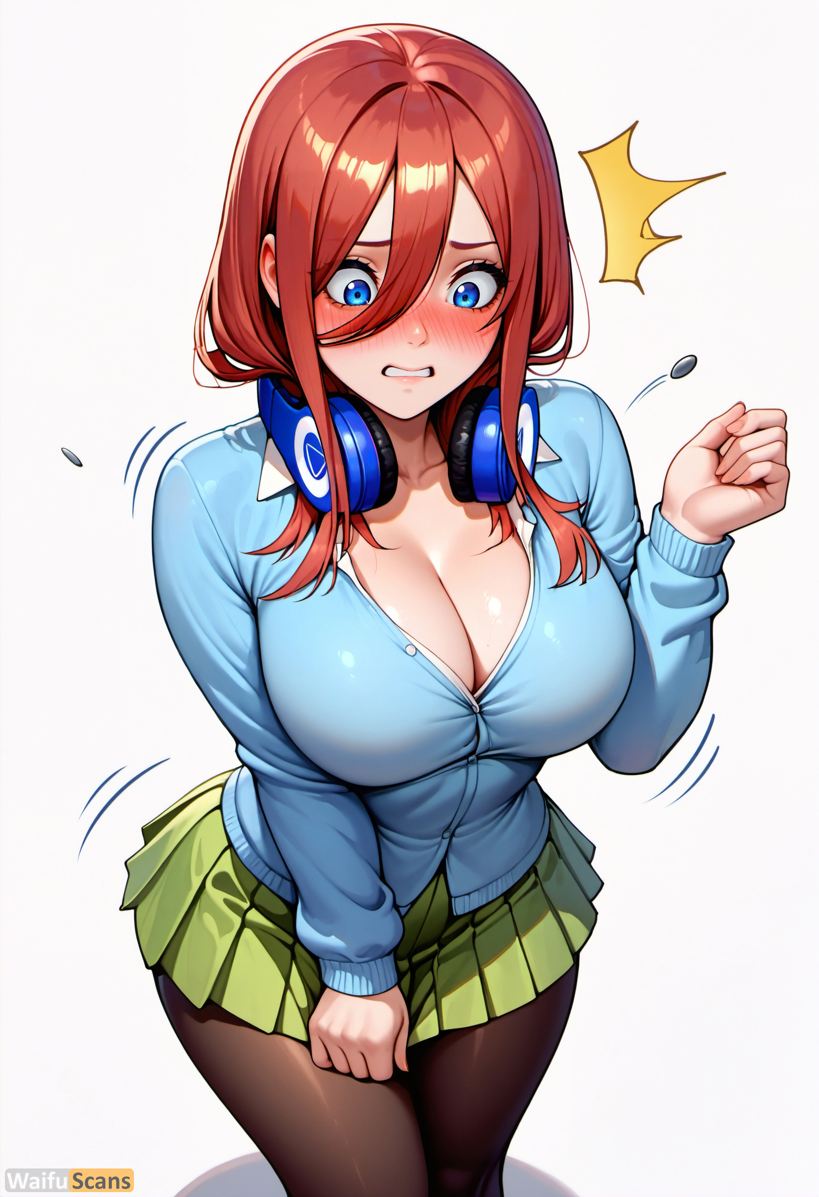 ai generated, bangs, black pantyhose, blue cardigan, blue eyes, blush, breasts, brown hair, cardigan, cleavage, clenched teeth, collarbone, female, go-toubun no hanayome, green skirt, hair between eyes, headphones, headphones around neck, high resolution, highres, large breasts, long hair, long sleeves, looking down, miniskirt, nakano miku, nose blush, pantyhose, pleated skirt, popped button, school uniform, shirt, simple background, skirt, solo, stable diffusion, teeth, waifuscans418, white background, white shirt
