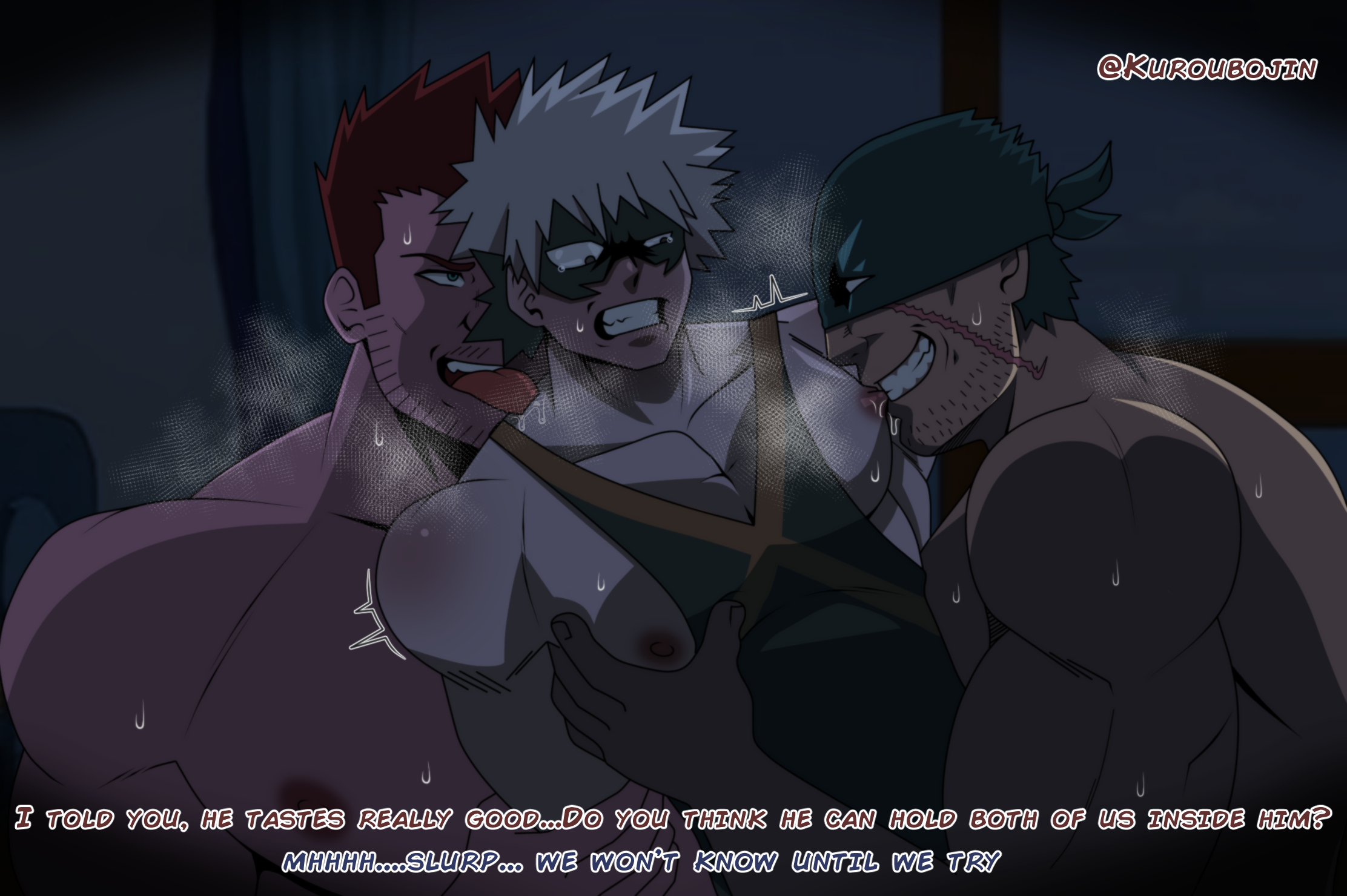angry face, angry sex, bakugou katsuki, bara, big breasts, big dom small sub, big muscles, bitting nipples, blush, boku no hero academia, breasts, dark skin, dark-skinned male, dirty talk, endeavor (my hero academia), enji todoroki, forced, forced orgasm, gay, grabbing breasts, grabbing pecs, heat, iwao oguro, katsuki bakugou, knuckle duster, knuckleduster (my hero academia), kuroubojin, licking neck, male, male only, mask, masked, masked male, muscles, muscular, muscular male, musk, my hero academia, night, nipples, nude, pecs, pecs touching, red face, scary face, sucking nipples, sweat, sweatdrop, sweating, threesome, todoroki enji, two on one, yaoi