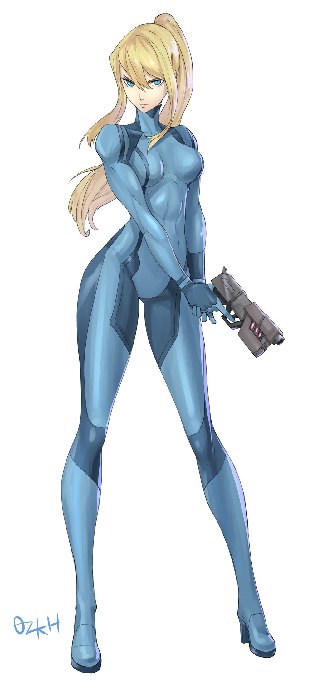 1girls 2019 2d artist_name artist_signature blonde_hair blonde_haire blue_eyes boots female gun light_skin looking_at_viewer metroid ozkh solo solo_female white_background zero_suit_samus