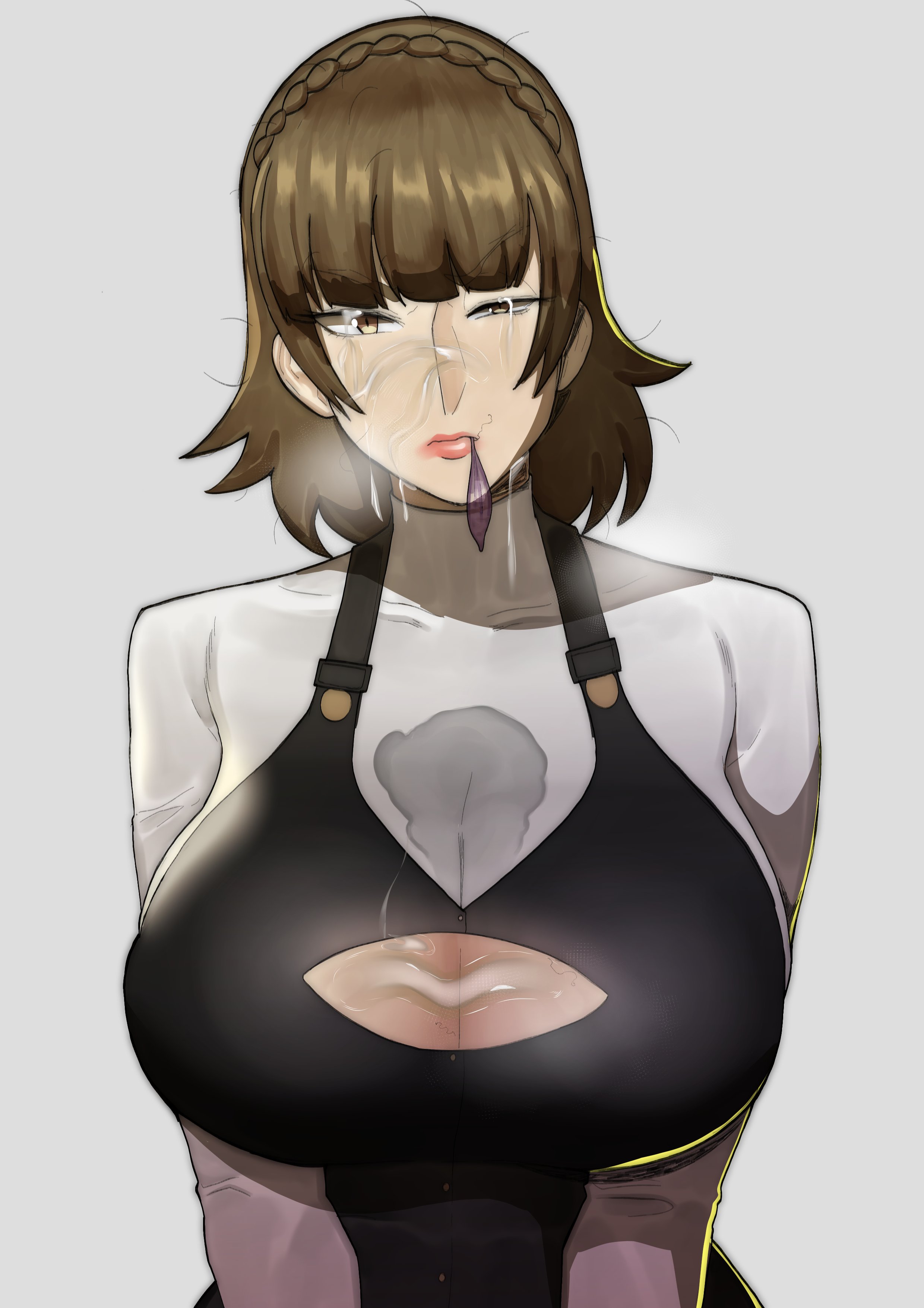 1girls, after fellatio, after paizuri, after sex, annoyed, annoyed expression, atlus, big breasts, blush, bodysuit, braid, breasts, brown eyes, brown hair, cleavage, cleavage cutout, condom, condom in mouth, crown braid, cum, cum on body, cum on breasts, cum on clothes, cum on face, cum on hair, cum on upper body, cumdrip, doublehero, facial, female, female only, huge breasts, large breasts, light skin, light-skinned female, looking at viewer, makoto niijima, messy hair, persona, persona 5, short hair, simple background, solo, tagme, torn clothes, yellow eyes