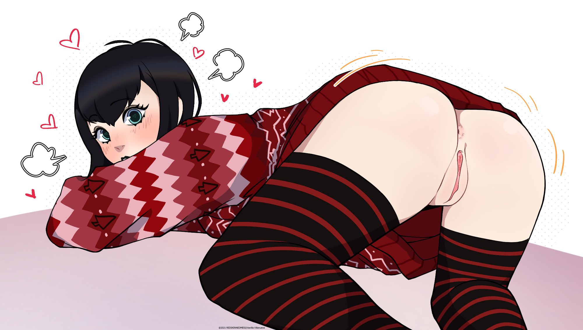 2021, anus, ass, black hair, black lips, black lipstick, blue eyes, blush, bottomless, christmas, female, female only, hearts around head, hotel transylvania, looking at viewer, looking back, mavis dracula, pullover, pussy, redskinnedmess, short hair, sweater, thick thighs, thighhighs, thighs, vampire, vampire girl, white background