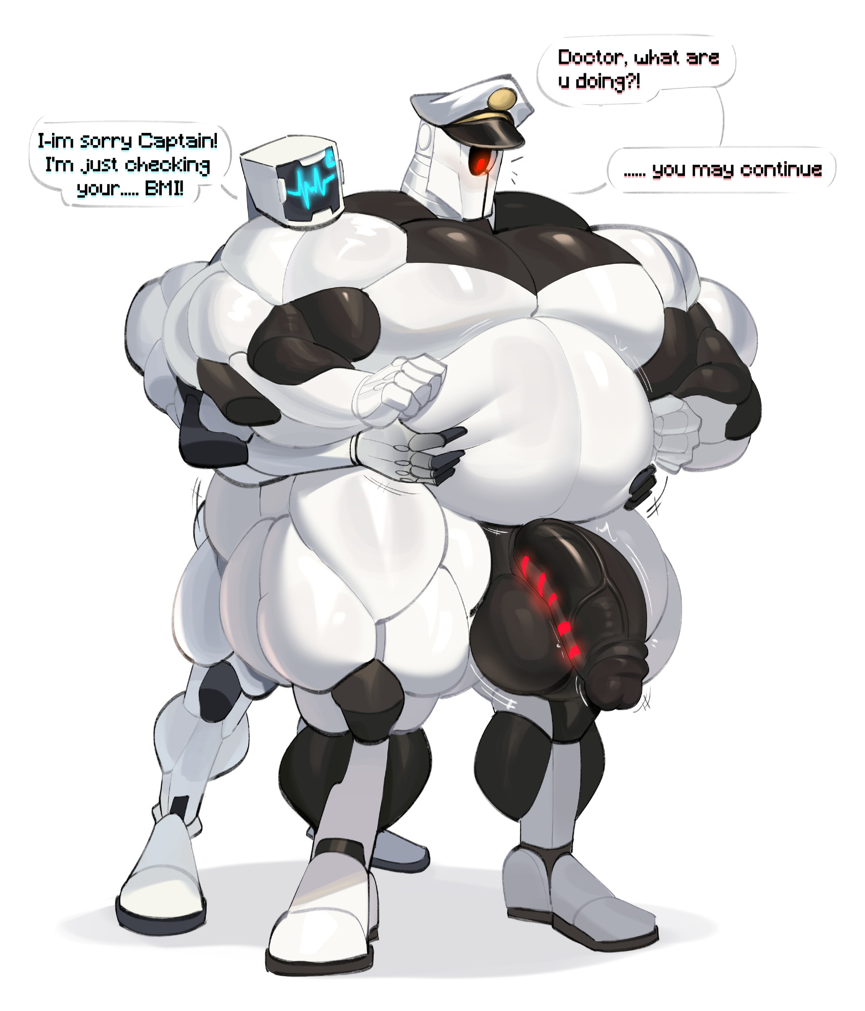 2boys, auto (wall-e), bara, chubby, chubby male, commission, dad bod, dymitr3, fat, fat male, fatty, gay, hyper, male, male focus, male only, male/male, musclegut, oc, original character, overweight, robot, text, text bubble, yaoi