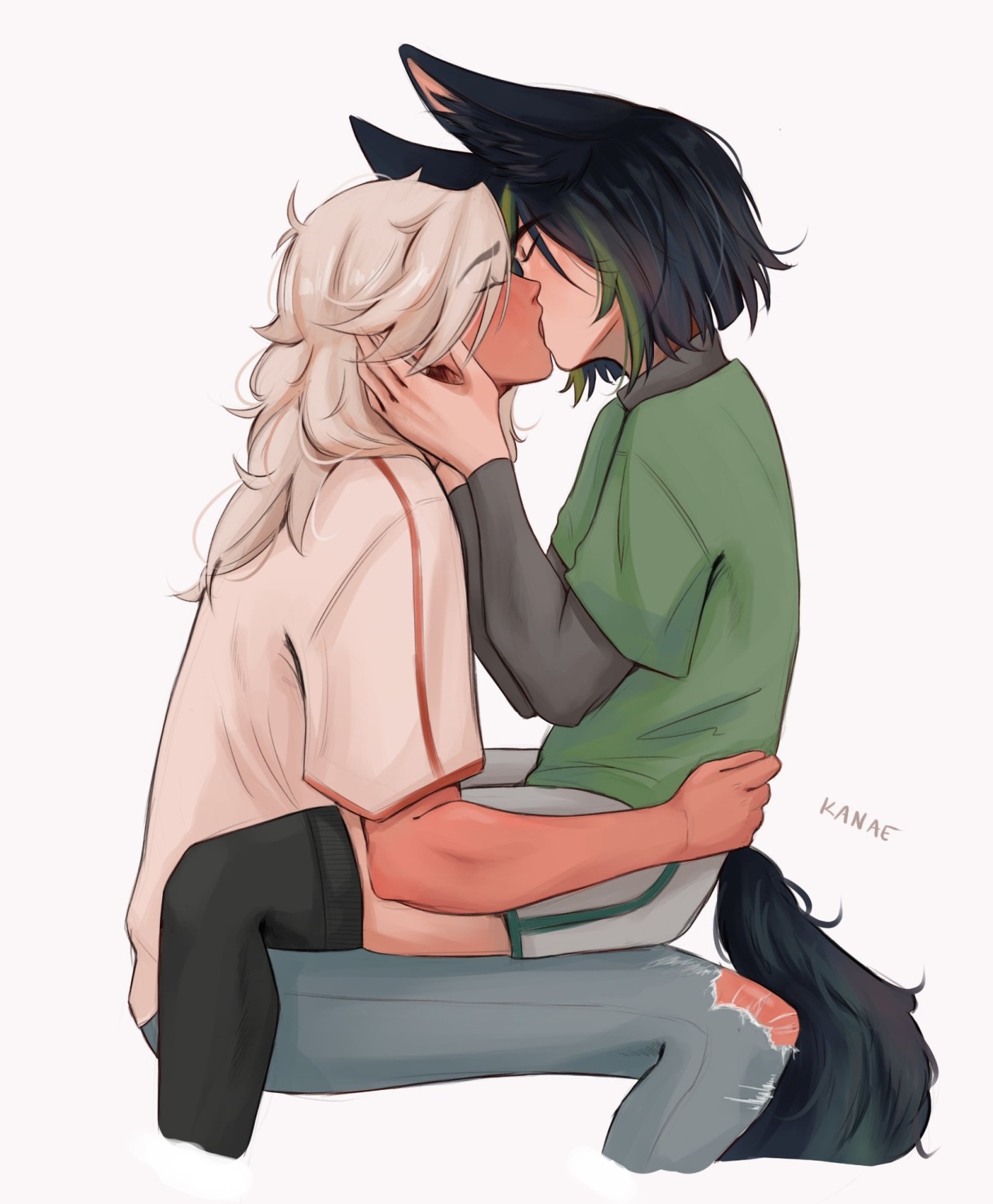 2boys, cyno (genshin impact), cynonari, ears up, femboy, genshin impact, green hair, in lap, jeans, kissing, lap, male, male only, multiple boys, multiple males, thighs, tighnari (genshin impact), white hair, wholesome