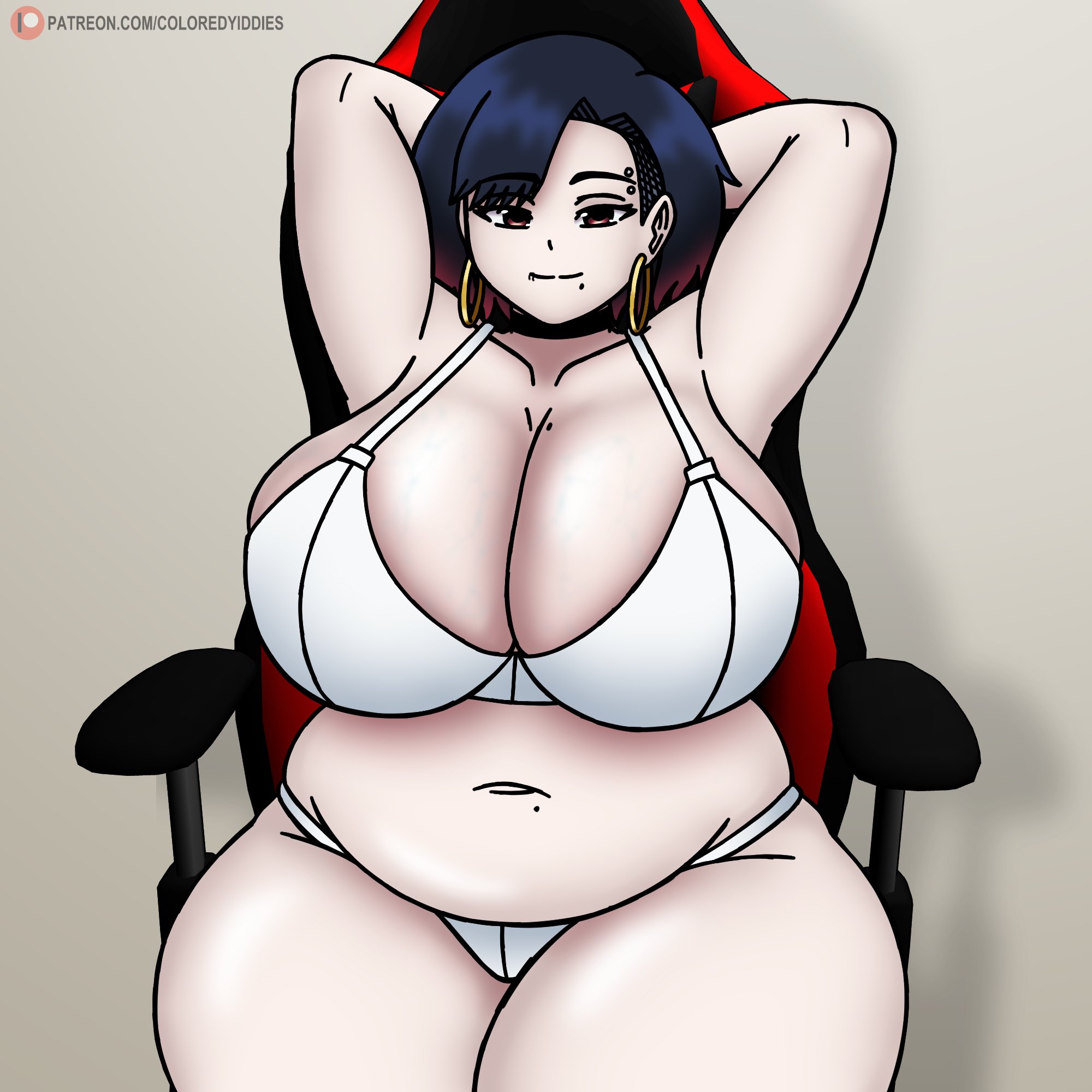 1girls, arms behind head, blue hair, breasts, breasts bigger than head, chair, chubby, chubby female, coloredyiddies, curvy female, curvy figure, eyebrow piercing, female, hoop earrings, large breasts, lei (coloredyiddies), light skin, light-skinned female, looking at viewer, mole on breast, mole on stomach, plump, posing for the viewer, sitting on chair, solo, thicc, tummy bulge, white bikini