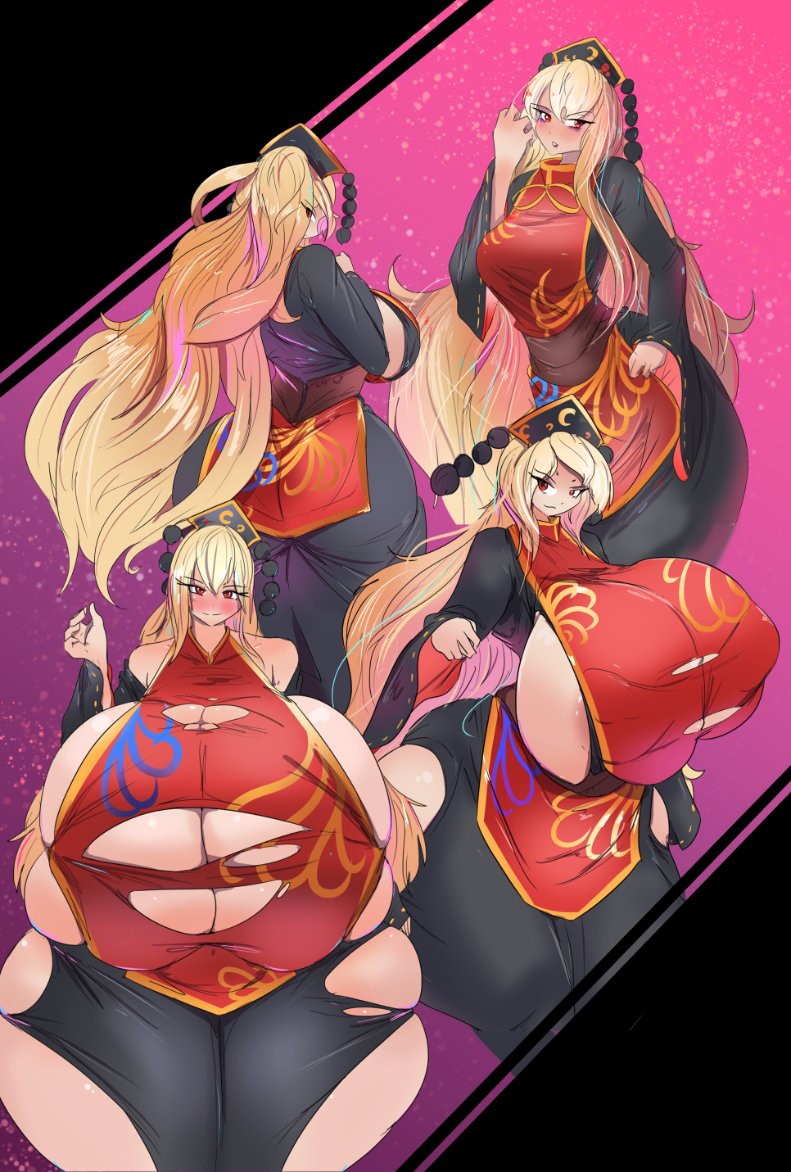 1girls, blonde hair, breasts, expansion, female, gigantic breasts, greenm, growth, huge breasts, junko (touhou), tagme, touhou