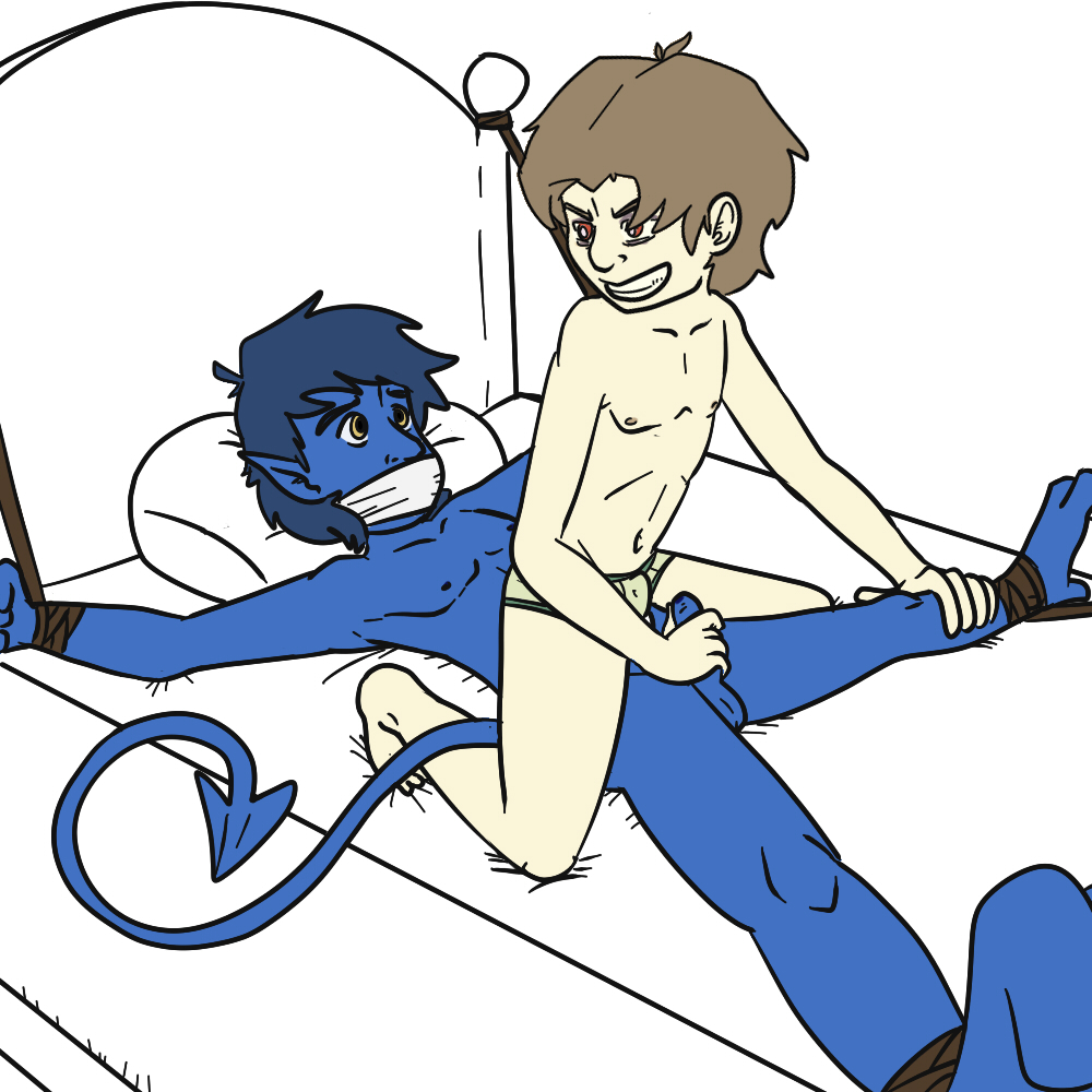 2boys 3_fingers bed blue_hair blue_skin bondage bound briefs clothing cyndiquill200 evil_grin hair handjob human light_bondage male male_only marvel mutant nightcrawler red_eyes sex smile teenager underwear x-men x-men_evolution yaoi yellow_eyes