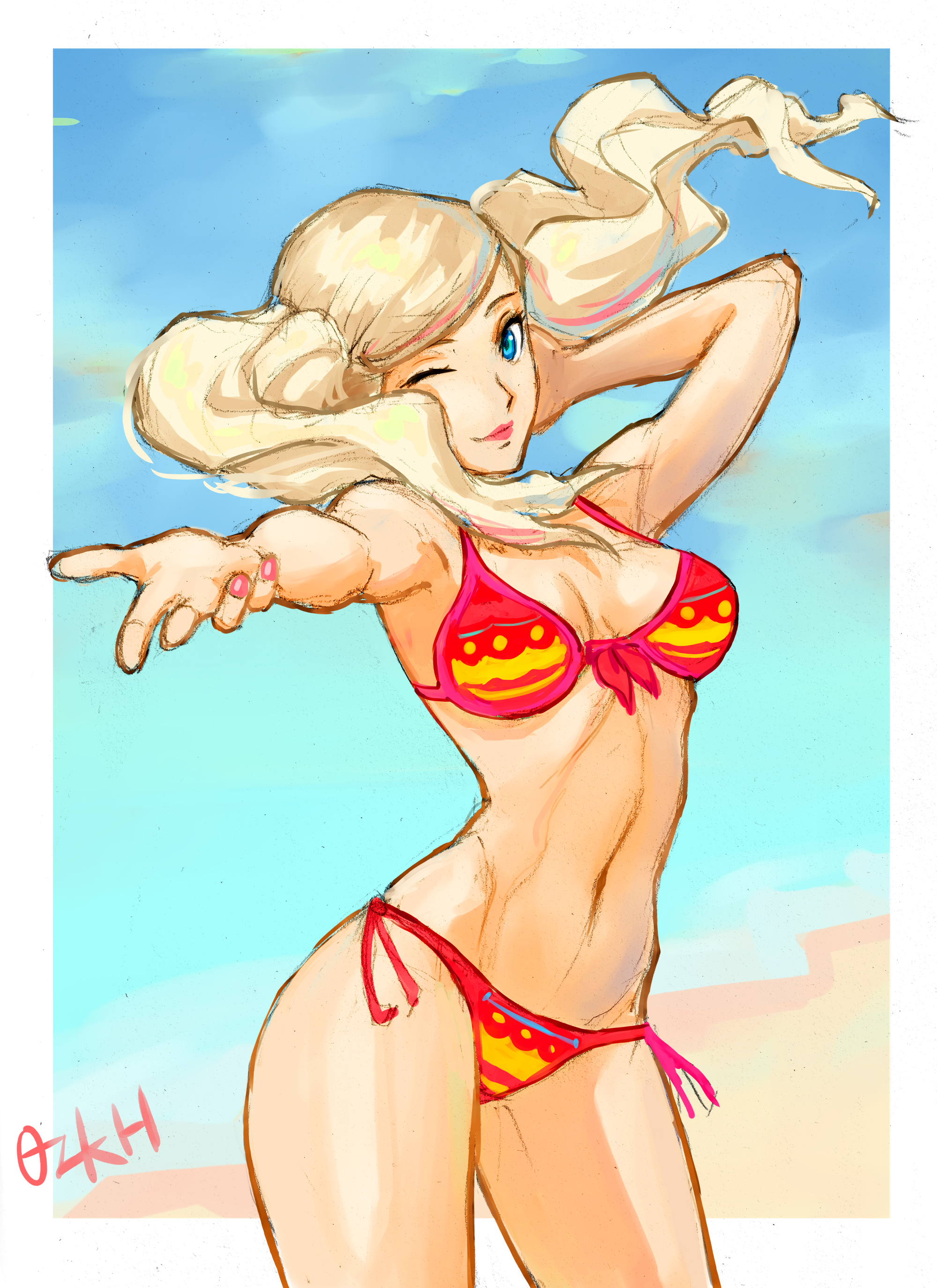 1girls, 2d, ann takamaki, artist name, artist signature, bikini, blonde hair, blue eyes, female, light skin, looking at viewer, ozkh, persona, persona 5, solo, solo female