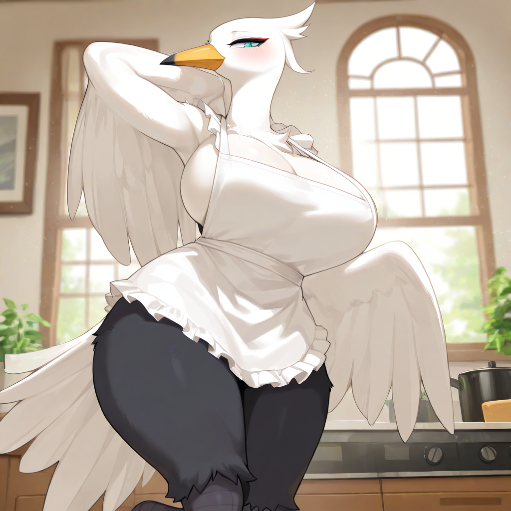 1girls ai_generated anthro apron avian blue_eyes blush breasts female furry stork