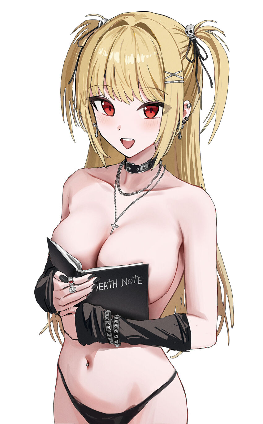 ai_generated black_panties blonde_female blonde_hair blushing book breasts choker covering_breasts cross death_note earrings female goth_girl huge_breasts long_hair looking_at_viewer meme misa_amane navel_piercing open_mouth ouch_meme piercing ring skrillex_li twintails
