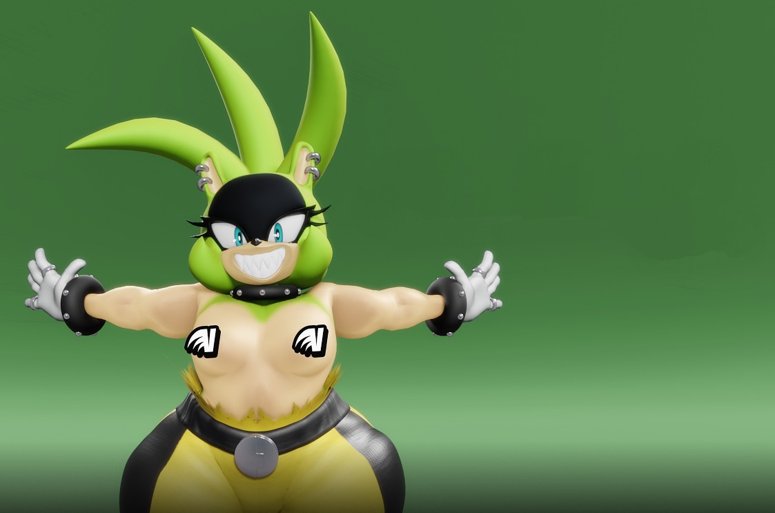 1girls, 2025, 3d, 3d model, 3d render, arms out, arms up, big thighs, blue eyes, breasts, censored nipples, clenched teeth, ear piercing, earrings, eyelashes, female, green skin, idw comics, idw publishing, mobian, mobian (species), mobian tenrec, pony tail, ponytail, ripped clothing, ripping clothing, sega, sharp teeth, shirtless, short hair, smile, smiling, smiling at viewer, solo, solo female, solo focus, sonic (series), sonic the hedgehog (comics), sonic the hedgehog (idw), sonic the hedgehog (series), surge the tenrec, teeth bared, teeth showing, tenrec, tenrec girl, tenrec humanoid, thick thighs, thighs, vulkyasha