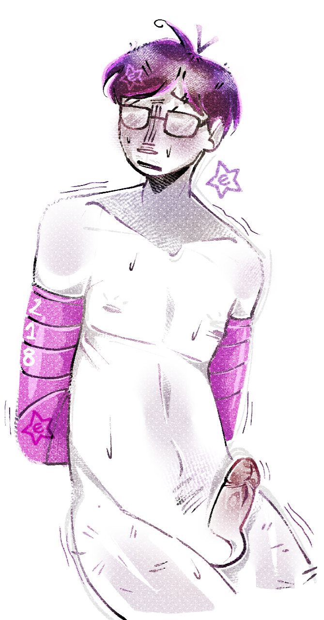 1boy armbinder cho_sang-woo cock game glasses male male_only nervous nervous_face penis short_hair simple_shading sitting skinny solo_male squid_game sweat sweatdrop tremble_spikes trembling