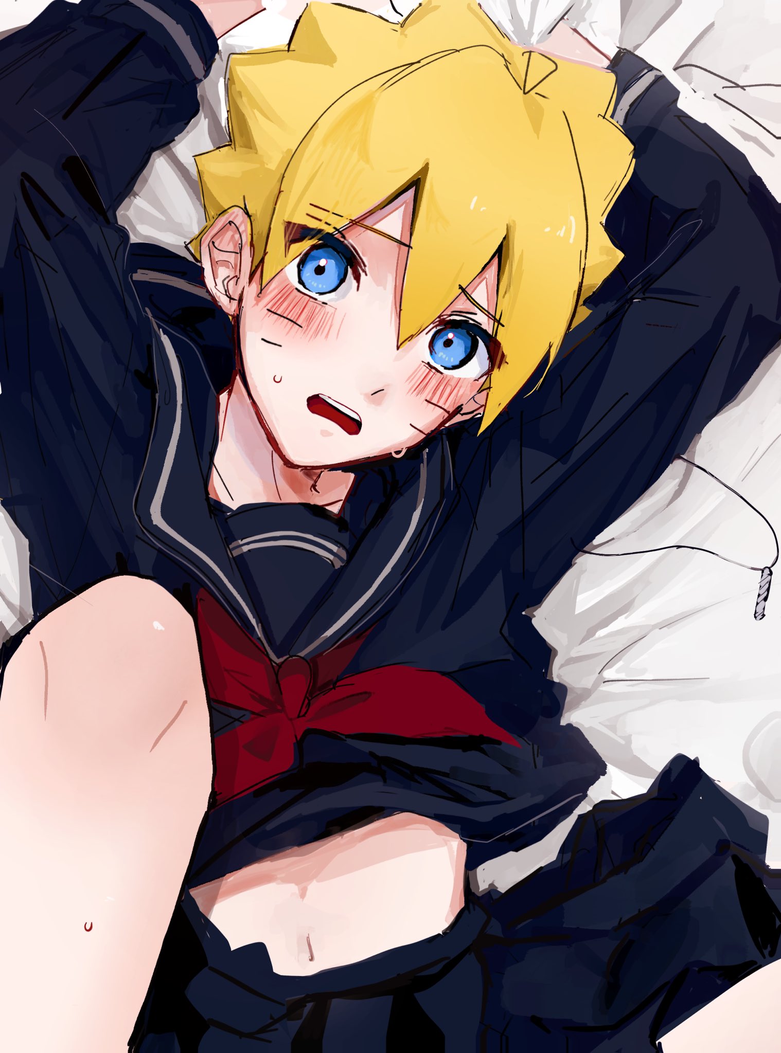 1boy, androgynous, arms up, bare legs, bed, bed sheet, bedding, blonde hair, blue eyes, blush, boruto, boruto: naruto next generations, clothed, clothing, crop top, crossdressing, cute, facial markings, female, femboy, feminine male, frilled skirt, girly, hi res, high resolution, highres, imminent rape, imminent sex, jewelry, legs up, light skin, light-skinned male, looking at viewer, male, miniskirt, naruto, naruto (series), necklace, on back, on bed, open mouth, pale skin, pale-skinned male, pov, pov eye contact, school uniform, schoolboy, schoolgirl, schoolgirl uniform, shonen jump, short skirt, shounen jump, shueisha, sisimaro 1, sissy, skirt, solo, solo focus, solo male, spiky hair, sweat, sweatdrop, sweating, teenage male, teenager, tomgirl, trap, twink, uzumaki boruto, very high resolution, weekly shonen jump, weekly shounen jump, whisker markings, whiskers, yellow hair