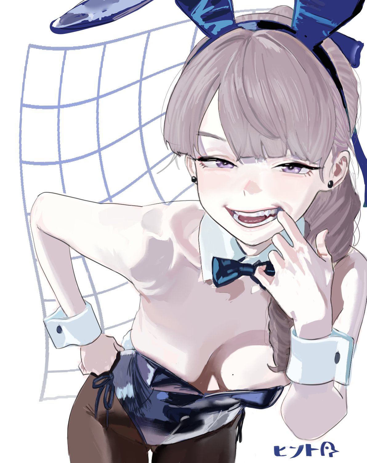 1girls bowtie bunny_ears bunnysuit female female_focus female_only grey_hair hintobento lapwing_(kuji) leaning_forward light_skin long_hair looking_at_viewer medium_breasts purple_eyes smile vrchat