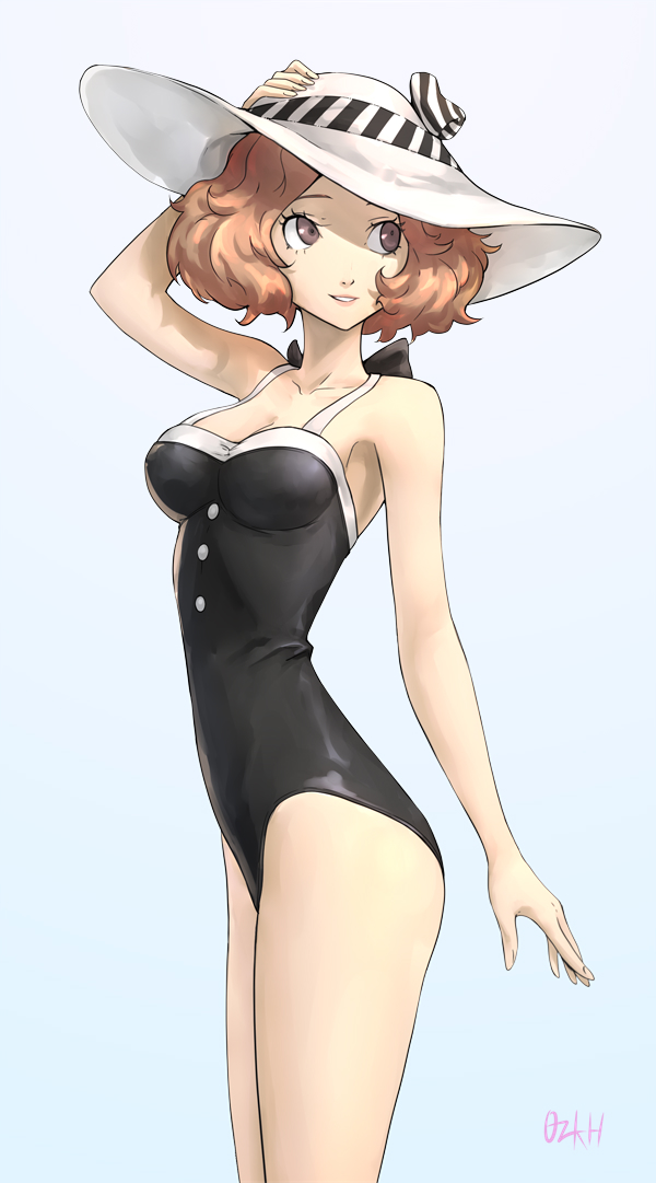 1girls 2021 2d artist_name artist_signature black_swimsuit brown_eyes brown_hair brown_hair female grey_background haru_okumura hat light_skin one-piece_swimsuit ozkh persona persona_5 solo solo_female