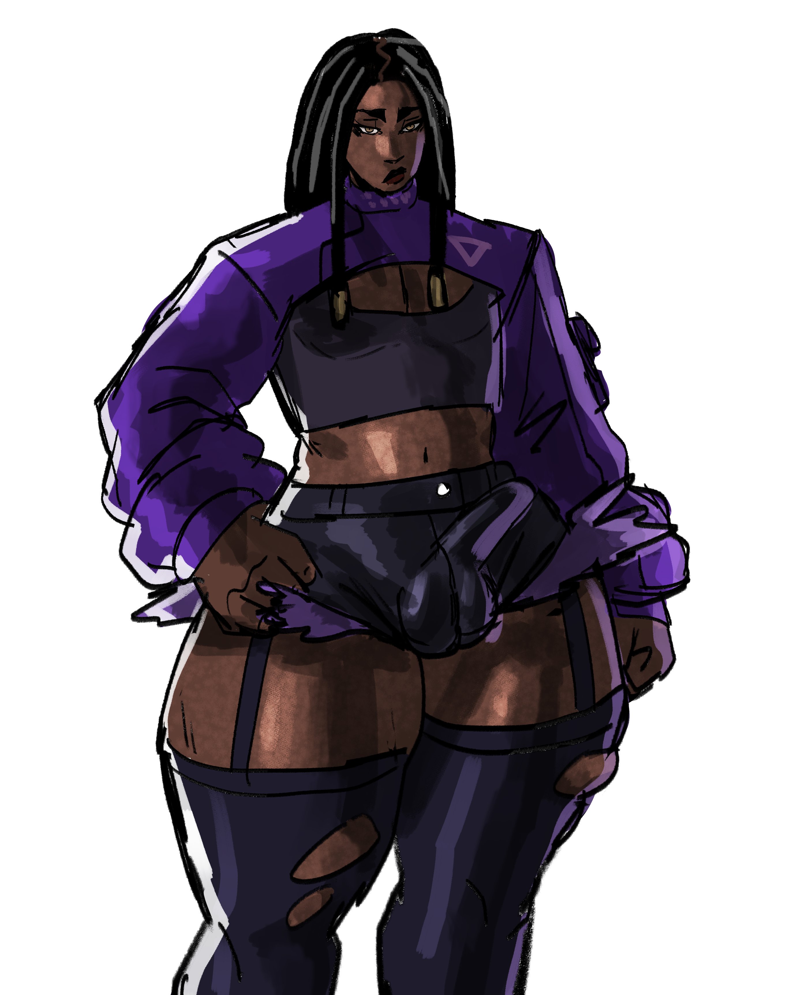 african femboy, boob window, breasts, brown eyes, bulge, bulge through clothing, bulge under clothes, colored sketch, crop top, cropped shirt, curvy, dark skin, dark-skinned femboy, dark-skinned male, dreadlocks, hand on hip, henfent, lex (gwizgizgeese), male, male focus, male only, ripped clothing, ripped leggings, ripped thighhighs, rough sketch, sketch, solo male, thick, thick legs, thick thighs, thighhighs, thighs, twunk